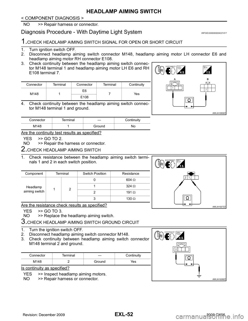 INFINITI QX56 2009 Factory Service Manual EXL-52
< COMPONENT DIAGNOSIS >
HEADLAMP AIMING SWITCH
NO >> Repair harness or connector.
Diagnosis Procedure - With Daytime Light SystemINFOID:0000000004221417
1.CHECK HEADLAMP AIMING SWITCH SIGNAL F INFINITI QX56 2009 Factory Service Manual EXL-52
< COMPONENT DIAGNOSIS >
HEADLAMP AIMING SWITCH
NO >> Repair harness or connector.
Diagnosis Procedure - With Daytime Light SystemINFOID:0000000004221417
1.CHECK HEADLAMP AIMING SWITCH SIGNAL F