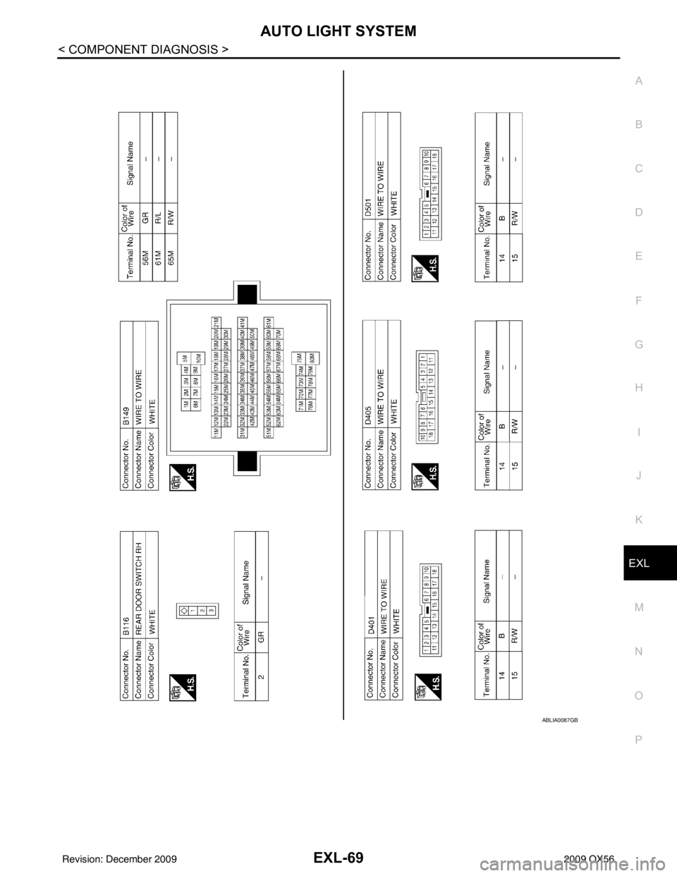 INFINITI QX56 2009 Factory Service Manual AUTO LIGHT SYSTEMEXL-69
< COMPONENT DIAGNOSIS >
C
DE
F
G H
I
J
K
M A
B
EXL
N
O P
ABLIA0087GB
Revision: December 20092009 QX56 INFINITI QX56 2009 Factory Service Manual AUTO LIGHT SYSTEMEXL-69
< COMPONENT DIAGNOSIS >
C
DE
F
G H
I
J
K
M A
B
EXL
N
O P
ABLIA0087GB
Revision: December 20092009 QX56