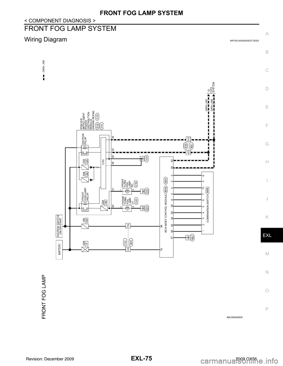 INFINITI QX56 2009 Factory Service Manual FRONT FOG LAMP SYSTEMEXL-75
< COMPONENT DIAGNOSIS >
C
DE
F
G H
I
J
K
M A
B
EXL
N
O P
FRONT FOG LAMP SYSTEM
Wiring DiagramINFOID:0000000003776202
ABLWA0025GB
Revision: December 20092009 QX56 INFINITI QX56 2009 Factory Service Manual FRONT FOG LAMP SYSTEMEXL-75
< COMPONENT DIAGNOSIS >
C
DE
F
G H
I
J
K
M A
B
EXL
N
O P
FRONT FOG LAMP SYSTEM
Wiring DiagramINFOID:0000000003776202
ABLWA0025GB
Revision: December 20092009 QX56