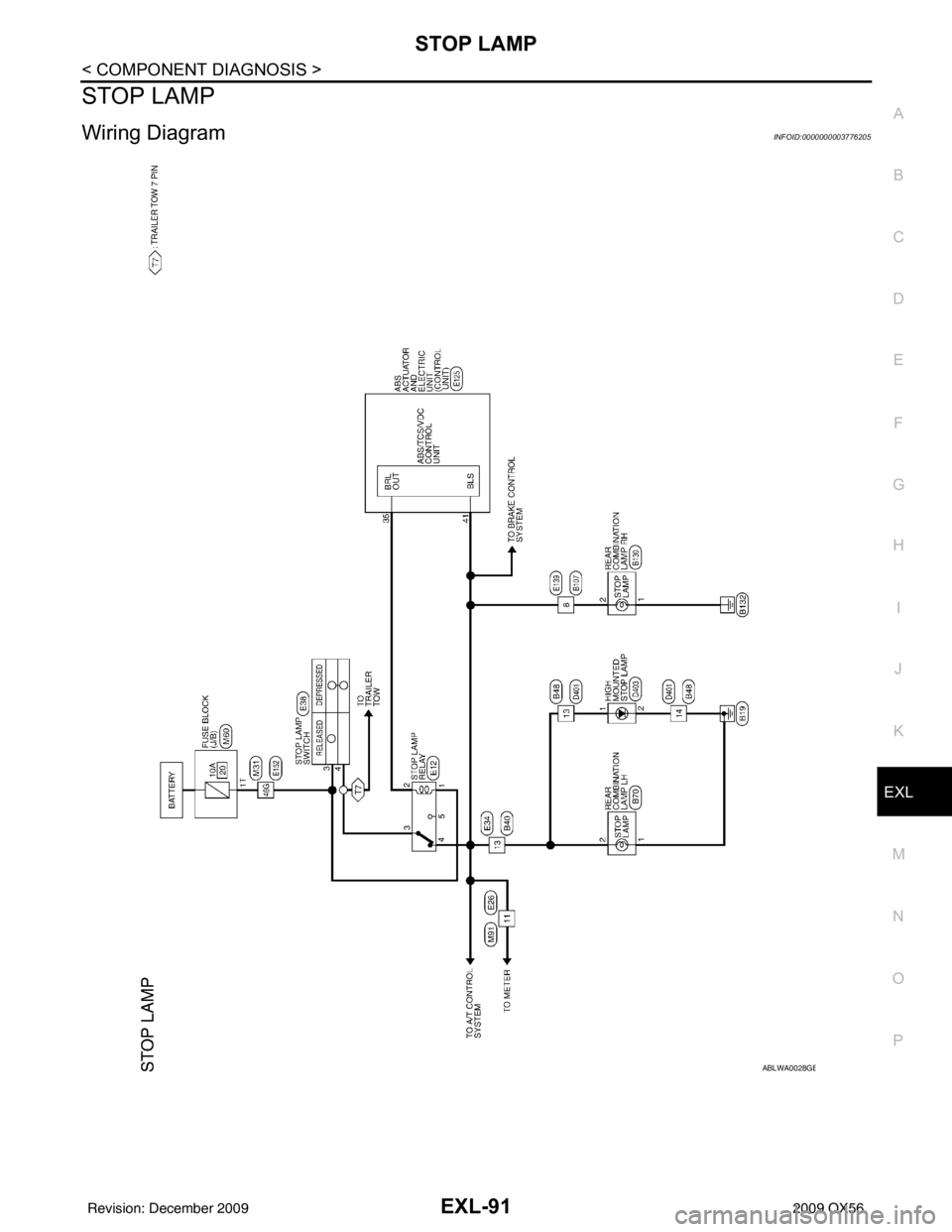 INFINITI QX56 2009 Factory Service Manual STOP LAMPEXL-91
< COMPONENT DIAGNOSIS >
C
DE
F
G H
I
J
K
M A
B
EXL
N
O P
STOP LAMP
Wiring DiagramINFOID:0000000003776205
ABLWA0028GB
Revision: December 20092009 QX56 INFINITI QX56 2009 Factory Service Manual STOP LAMPEXL-91
< COMPONENT DIAGNOSIS >
C
DE
F
G H
I
J
K
M A
B
EXL
N
O P
STOP LAMP
Wiring DiagramINFOID:0000000003776205
ABLWA0028GB
Revision: December 20092009 QX56