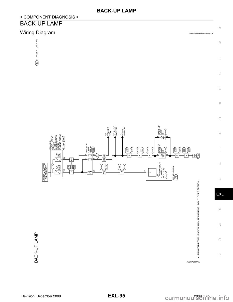 INFINITI QX56 2009 Factory Service Manual BACK-UP LAMPEXL-95
< COMPONENT DIAGNOSIS >
C
DE
F
G H
I
J
K
M A
B
EXL
N
O P
BACK-UP LAMP
Wiring DiagramINFOID:0000000003776206
ABLWA0029GB
Revision: December 20092009 QX56 INFINITI QX56 2009 Factory Service Manual BACK-UP LAMPEXL-95
< COMPONENT DIAGNOSIS >
C
DE
F
G H
I
J
K
M A
B
EXL
N
O P
BACK-UP LAMP
Wiring DiagramINFOID:0000000003776206
ABLWA0029GB
Revision: December 20092009 QX56