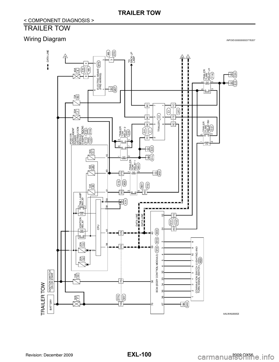 INFINITI QX56 2009 Factory Service Manual EXL-100
< COMPONENT DIAGNOSIS >
TRAILER TOW
TRAILER TOW
Wiring DiagramINFOID:0000000003776207
AALWA0200GB
Revision: December 20092009 QX56 INFINITI QX56 2009 Factory Service Manual EXL-100
< COMPONENT DIAGNOSIS >
TRAILER TOW
TRAILER TOW
Wiring DiagramINFOID:0000000003776207
AALWA0200GB
Revision: December 20092009 QX56