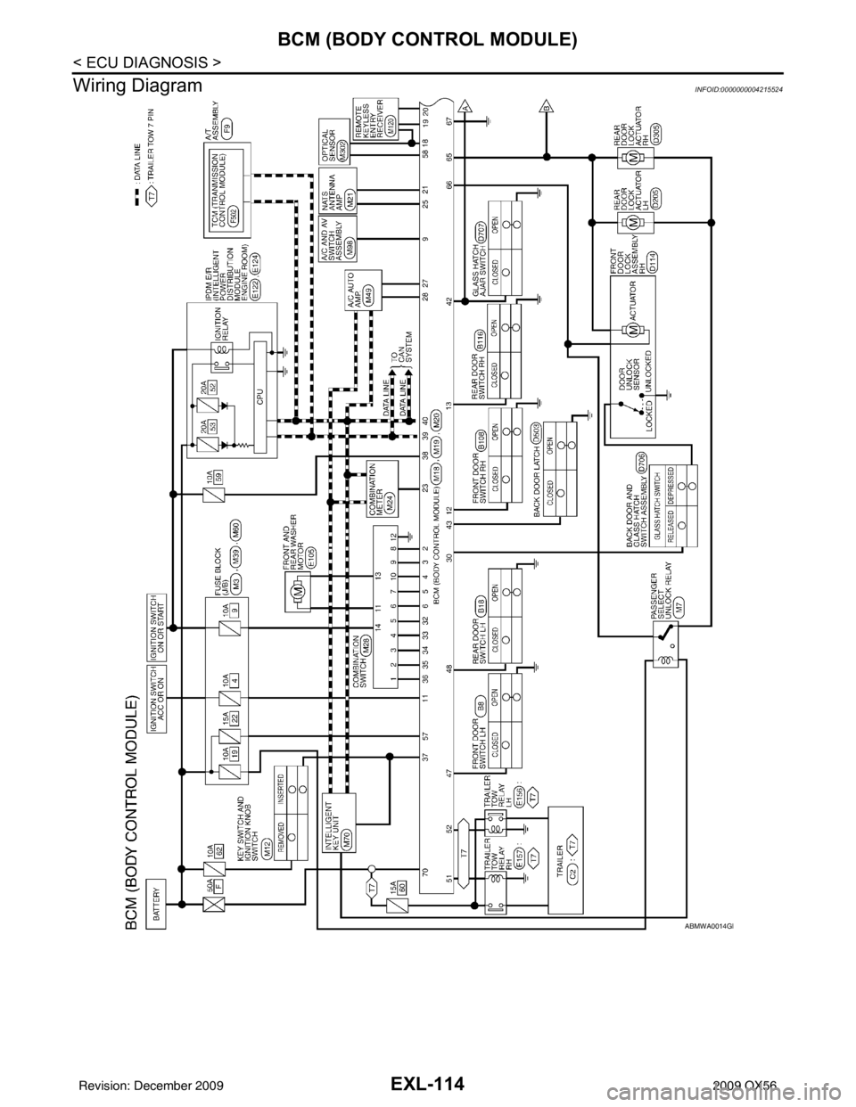 INFINITI QX56 2009 Factory Service Manual EXL-114
< ECU DIAGNOSIS >
BCM (BODY CONTROL MODULE)
Wiring Diagram
INFOID:0000000004215524
ABMWA0014GB
Revision: December 20092009 QX56 INFINITI QX56 2009 Factory Service Manual EXL-114
< ECU DIAGNOSIS >
BCM (BODY CONTROL MODULE)
Wiring Diagram
INFOID:0000000004215524
ABMWA0014GB
Revision: December 20092009 QX56