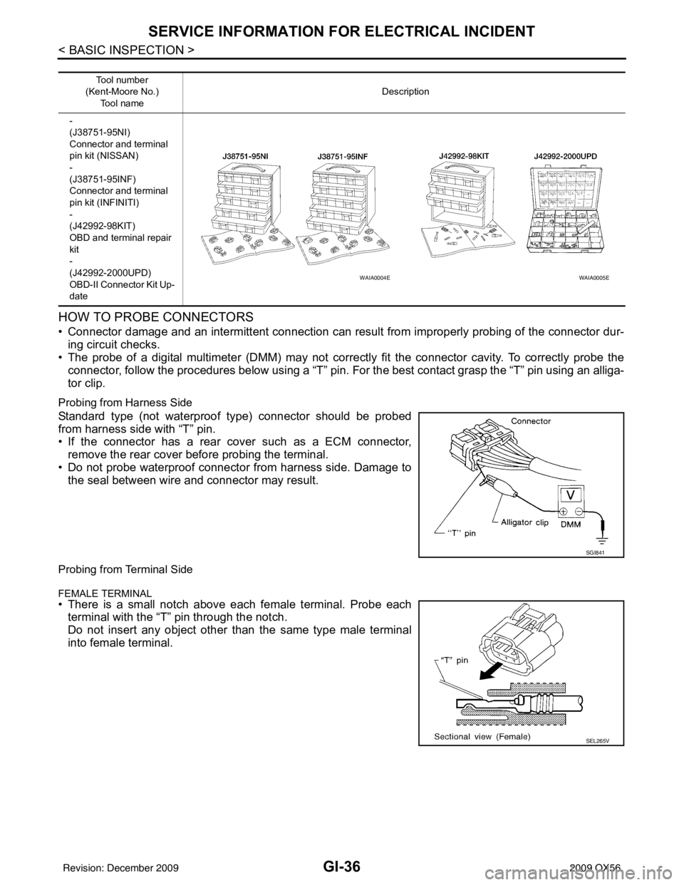 INFINITI QX56 2009 Factory Service Manual GI-36
< BASIC INSPECTION >
SERVICE INFORMATION FOR ELECTRICAL INCIDENT
HOW TO PROBE CONNECTORS
• Connector damage and an intermittent connection can result from improperly probing of the connector d INFINITI QX56 2009 Factory Service Manual GI-36
< BASIC INSPECTION >
SERVICE INFORMATION FOR ELECTRICAL INCIDENT
HOW TO PROBE CONNECTORS
• Connector damage and an intermittent connection can result from improperly probing of the connector d