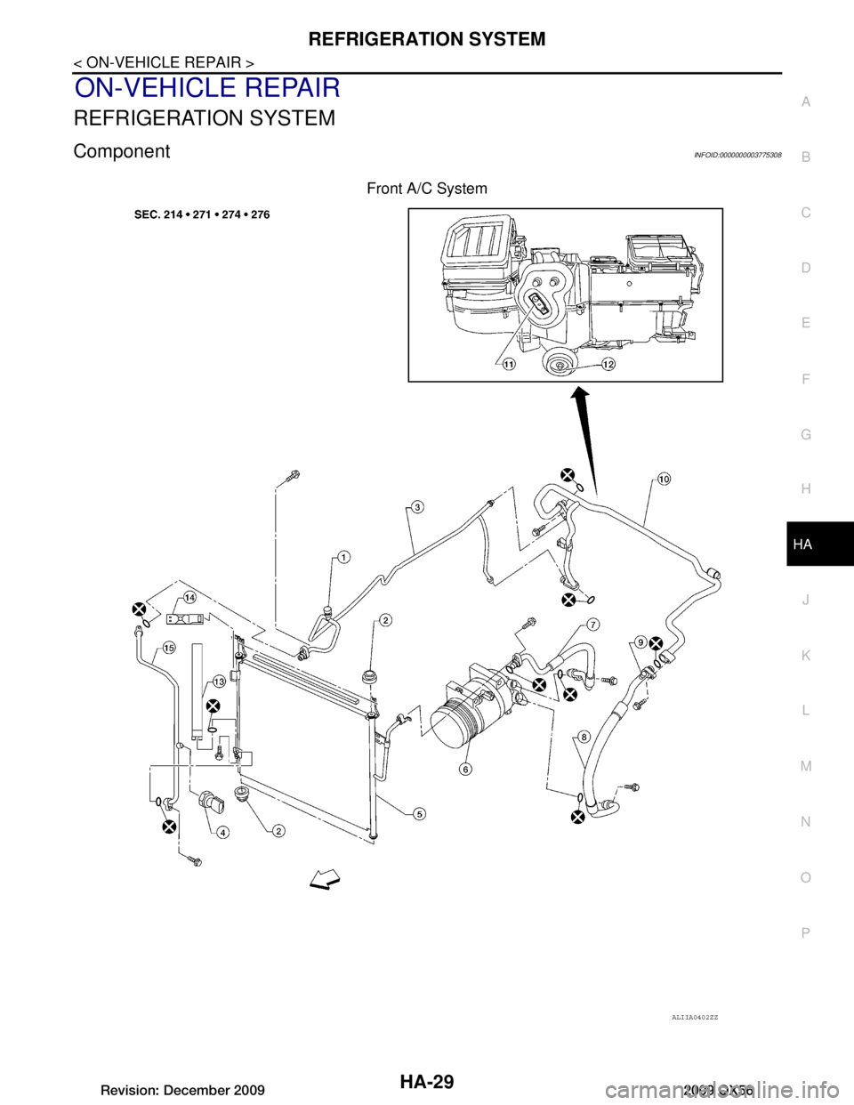 INFINITI QX56 2009  Factory Service Manual 
REFRIGERATION SYSTEMHA-29
< ON-VEHICLE REPAIR >
C
DE
F
G H
J
K L
M A
B
HA
N
O P
ON-VEHICLE REPAIR
REFRIGERATION SYSTEM
ComponentINFOID:0000000003775308
Front A/C System
ALIIA0402ZZ
Revision: December