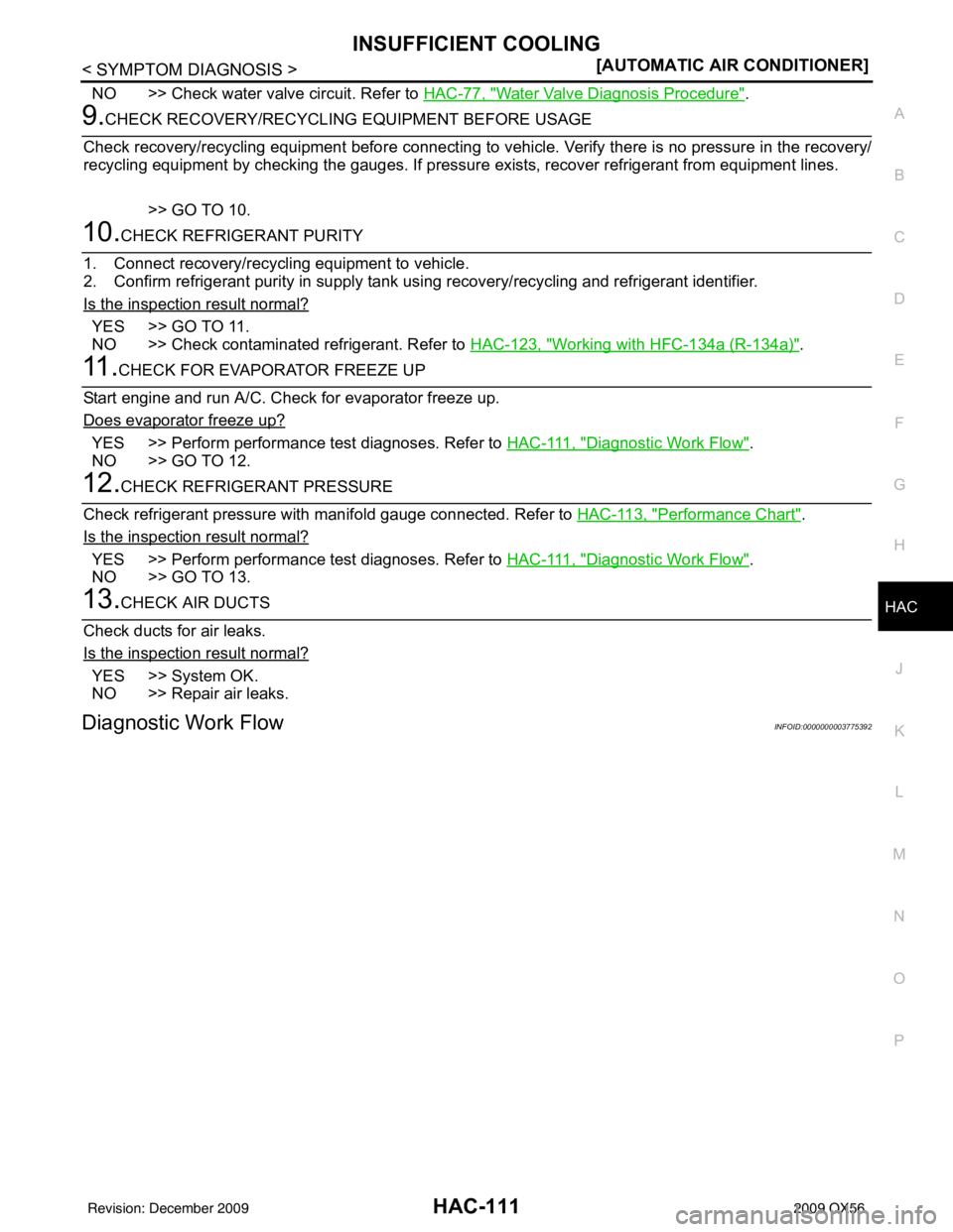 INFINITI QX56 2009  Factory Service Manual INSUFFICIENT COOLINGHAC-111
< SYMPTOM DIAGNOSIS > [AUTOMATIC AIR CONDITIONER]
C
D
E
F
G H
J
K L
M A
B
HAC
N
O P
NO >> Check water valve circuit. Refer to  HAC-77, "Water Valve Diagnosis Procedure".
9.
