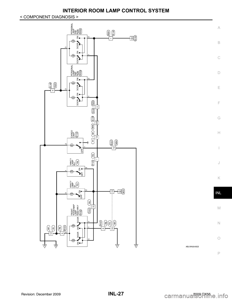 INFINITI QX56 2009 Factory Service Manual INTERIOR ROOM LAMP CONTROL SYSTEMINL-27
< COMPONENT DIAGNOSIS >
C
DE
F
G H
I
J
K
M A
B
INL
N
O P
ABLWA0045GB
Revision: December 20092009 QX56 INFINITI QX56 2009 Factory Service Manual INTERIOR ROOM LAMP CONTROL SYSTEMINL-27
< COMPONENT DIAGNOSIS >
C
DE
F
G H
I
J
K
M A
B
INL
N
O P
ABLWA0045GB
Revision: December 20092009 QX56