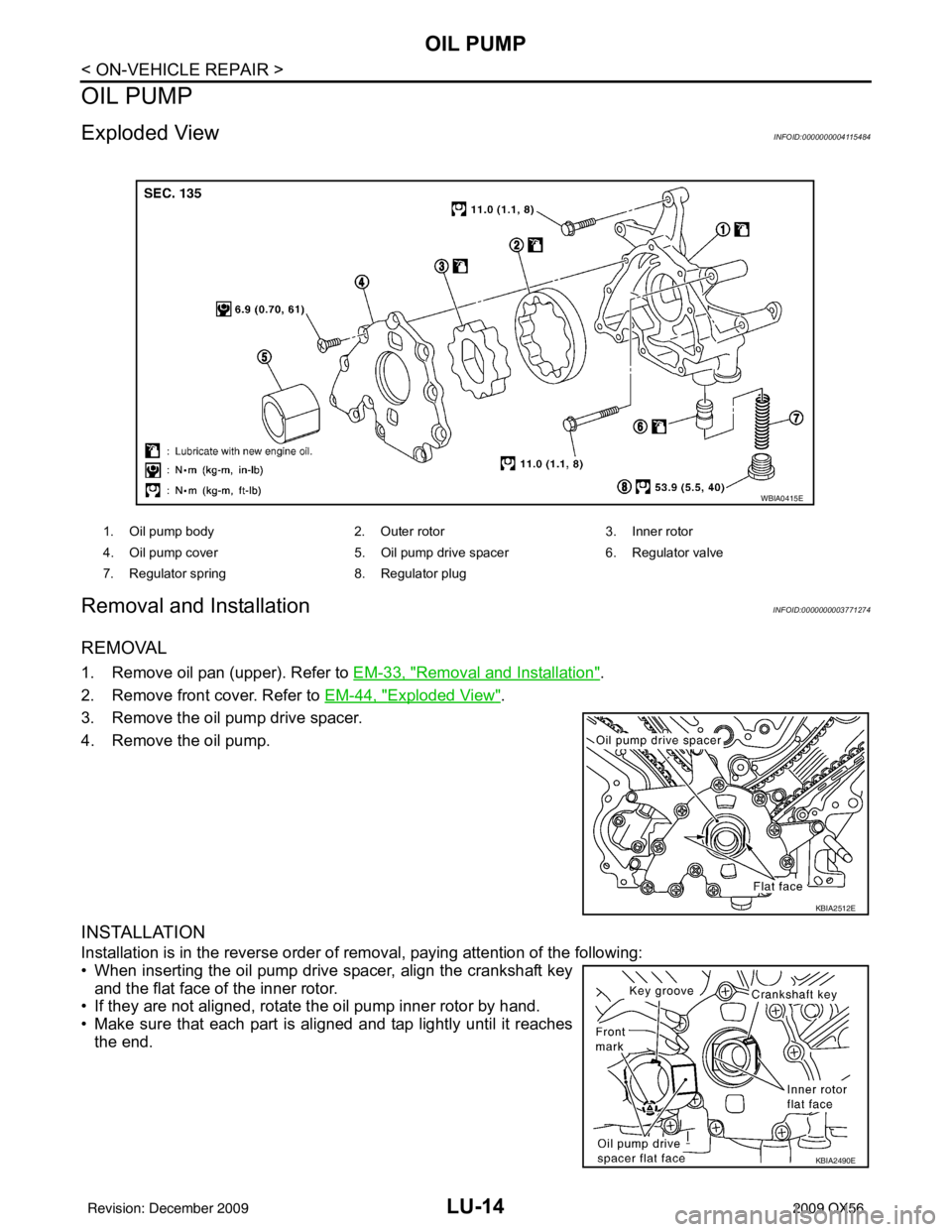 INFINITI QX56 2009 Factory Service Manual LU-14
< ON-VEHICLE REPAIR >
OIL PUMP
OIL PUMP
Exploded ViewINFOID:0000000004115484
Removal and InstallationINFOID:0000000003771274
REMOVAL
1. Remove oil pan (upper). Refer to EM-33, "Removal and Insta INFINITI QX56 2009 Factory Service Manual LU-14
< ON-VEHICLE REPAIR >
OIL PUMP
OIL PUMP
Exploded ViewINFOID:0000000004115484
Removal and InstallationINFOID:0000000003771274
REMOVAL
1. Remove oil pan (upper). Refer to EM-33, "Removal and Insta