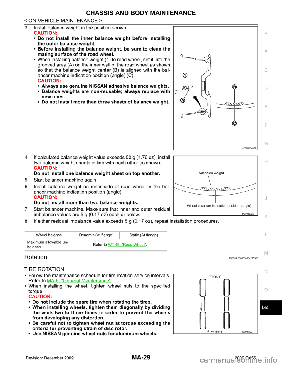 INFINITI QX56 2009 Factory Service Manual CHASSIS AND BODY MAINTENANCEMA-29
< ON-VEHICLE MAINTENANCE >
C
DE
F
G H
I
J
K L
M B
MA
N
O A
3. Install balance weight in the position shown.
CAUTION:
• Do not install the inner bala nce weight befo INFINITI QX56 2009 Factory Service Manual CHASSIS AND BODY MAINTENANCEMA-29
< ON-VEHICLE MAINTENANCE >
C
DE
F
G H
I
J
K L
M B
MA
N
O A
3. Install balance weight in the position shown.
CAUTION:
• Do not install the inner bala nce weight befo