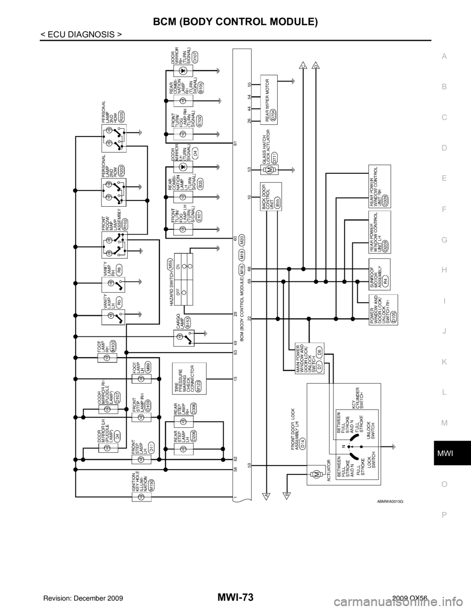 INFINITI QX56 2009 Factory Service Manual MWI
BCM (BODY CONTROL MODULE)MWI-73
< ECU DIAGNOSIS >
C
DE
F
G H
I
J
K L
M B A
O P
ABMWA0015GB
Revision: December 20092009 QX56 INFINITI QX56 2009 Factory Service Manual MWI
BCM (BODY CONTROL MODULE)MWI-73
< ECU DIAGNOSIS >
C
DE
F
G H
I
J
K L
M B A
O P
ABMWA0015GB
Revision: December 20092009 QX56