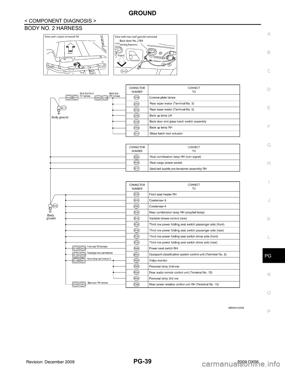 INFINITI QX56 2009 Factory Service Manual PG
GROUNDPG-39
< COMPONENT DIAGNOSIS >
C
DE
F
G H
I
J
K L
B A
O P
N
BODY NO. 2 HARNESS
ABMIA0152GB
Revision: December 20092009 QX56 INFINITI QX56 2009 Factory Service Manual PG
GROUNDPG-39
< COMPONENT DIAGNOSIS >
C
DE
F
G H
I
J
K L
B A
O P
N
BODY NO. 2 HARNESS
ABMIA0152GB
Revision: December 20092009 QX56