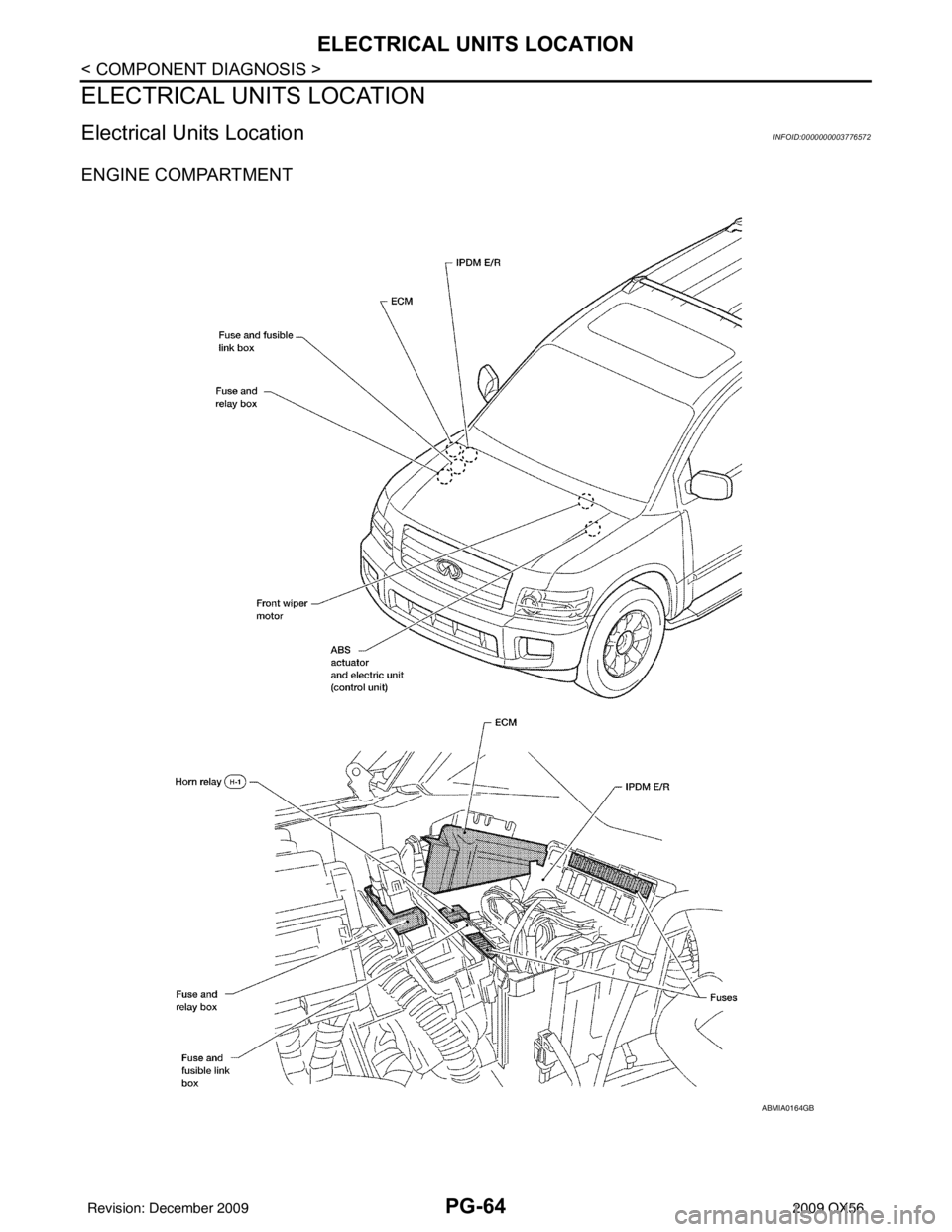 INFINITI QX56 2009  Factory Service Manual PG-64
< COMPONENT DIAGNOSIS >
ELECTRICAL UNITS LOCATION
ELECTRICAL UNITS LOCATION
Electrical Units LocationINFOID:0000000003776572
ENGINE COMPARTMENT 
ABMIA0164GB
Revision: December 20092009 QX56 
