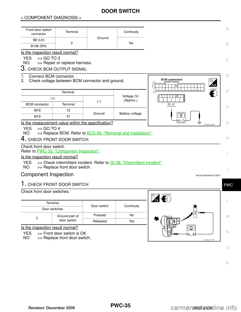 INFINITI QX56 2009 Factory Service Manual
DOOR SWITCHPWC-35
< COMPONENT DIAGNOSIS >
C
DE
F
G H
I
J
L
M A
B
PWC
N
O P
Is the inspection result normal?
YES >> GO TO 3
NO >> Repair or replace harness.
3. CHECK BCM OUTPUT SIGNAL
1. Connect BCM c INFINITI QX56 2009 Factory Service Manual
DOOR SWITCHPWC-35
< COMPONENT DIAGNOSIS >
C
DE
F
G H
I
J
L
M A
B
PWC
N
O P
Is the inspection result normal?
YES >> GO TO 3
NO >> Repair or replace harness.
3. CHECK BCM OUTPUT SIGNAL
1. Connect BCM c