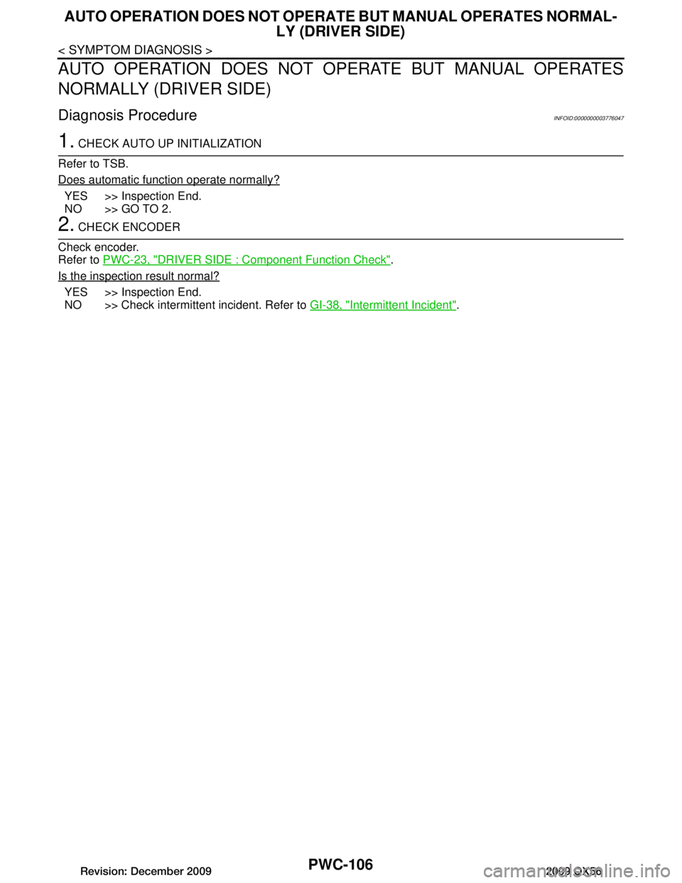 INFINITI QX56 2009  Factory Service Manual 
PWC-106
< SYMPTOM DIAGNOSIS >
AUTO OPERATION DOES NOT OPERATE BUT MANUAL OPERATES NORMAL-
LY (DRIVER SIDE)
AUTO OPERATION DOES NOT OPERATE BUT MANUAL OPERATES
NORMALLY (DRIVER SIDE)
Diagnosis Procedu