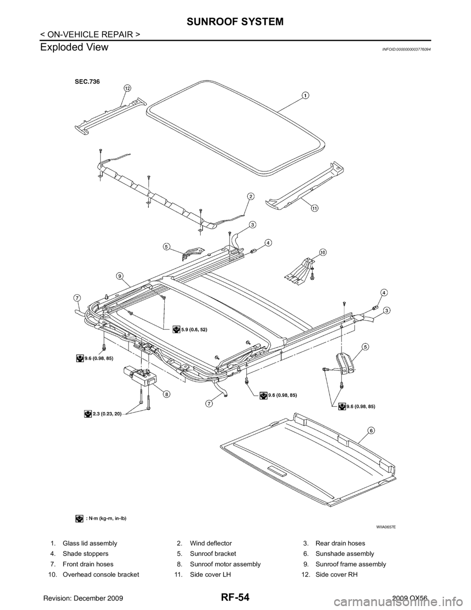 INFINITI QX56 2009 Factory Service Manual RF-54
< ON-VEHICLE REPAIR >
SUNROOF SYSTEM
Exploded View
INFOID:0000000003776094
1. Glass lid assembly 2. Wind deflector3. Rear drain hoses
4. Shade stoppers 5. Sunroof bracket 6. Sunshade assembly
7. INFINITI QX56 2009 Factory Service Manual RF-54
< ON-VEHICLE REPAIR >
SUNROOF SYSTEM
Exploded View
INFOID:0000000003776094
1. Glass lid assembly 2. Wind deflector3. Rear drain hoses
4. Shade stoppers 5. Sunroof bracket 6. Sunshade assembly
7.