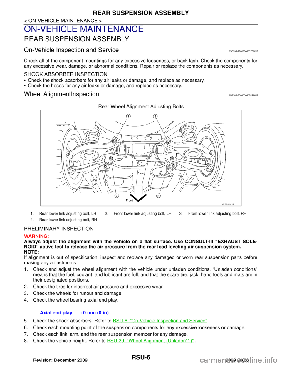 INFINITI QX56 2009 Factory Repair Manual
RSU-6
< ON-VEHICLE MAINTENANCE >
REAR SUSPENSION ASSEMBLY
ON-VEHICLE MAINTENANCE
REAR SUSPENSION ASSEMBLY
On-Vehicle Inspection and ServiceINFOID:0000000003772290
Check all of the component mountings INFINITI QX56 2009 Factory Repair Manual
RSU-6
< ON-VEHICLE MAINTENANCE >
REAR SUSPENSION ASSEMBLY
ON-VEHICLE MAINTENANCE
REAR SUSPENSION ASSEMBLY
On-Vehicle Inspection and ServiceINFOID:0000000003772290
Check all of the component mountings