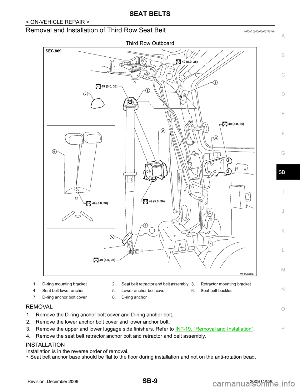 INFINITI QX56 2009 Factory Service Manual SEAT BELTSSB-9
< ON-VEHICLE REPAIR >
C
DE
F
G
I
J
K L
M A
B
SB
N
O P
Removal and Installation of Third Row Seat BeltINFOID:0000000003775149
Third Row Outboard
REMOVAL
1. Remove the D-ring anchor bol INFINITI QX56 2009 Factory Service Manual SEAT BELTSSB-9
< ON-VEHICLE REPAIR >
C
DE
F
G
I
J
K L
M A
B
SB
N
O P
Removal and Installation of Third Row Seat BeltINFOID:0000000003775149
Third Row Outboard
REMOVAL
1. Remove the D-ring anchor bol