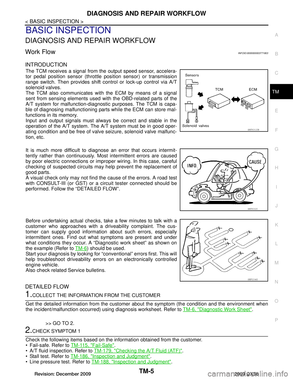 INFINITI QX56 2009 Factory Manual Online
DIAGNOSIS AND REPAIR WORKFLOWTM-5
< BASIC INSPECTION >
CEF
G H
I
J
K L
M A
B
TM
N
O P
BASIC INSPECTION
DIAGNOSIS AND REPAIR WORKFLOW
Work FlowINFOID:0000000003771803
INTRODUCTION
The TCM receives a s INFINITI QX56 2009 Factory Manual Online
DIAGNOSIS AND REPAIR WORKFLOWTM-5
< BASIC INSPECTION >
CEF
G H
I
J
K L
M A
B
TM
N
O P
BASIC INSPECTION
DIAGNOSIS AND REPAIR WORKFLOW
Work FlowINFOID:0000000003771803
INTRODUCTION
The TCM receives a s