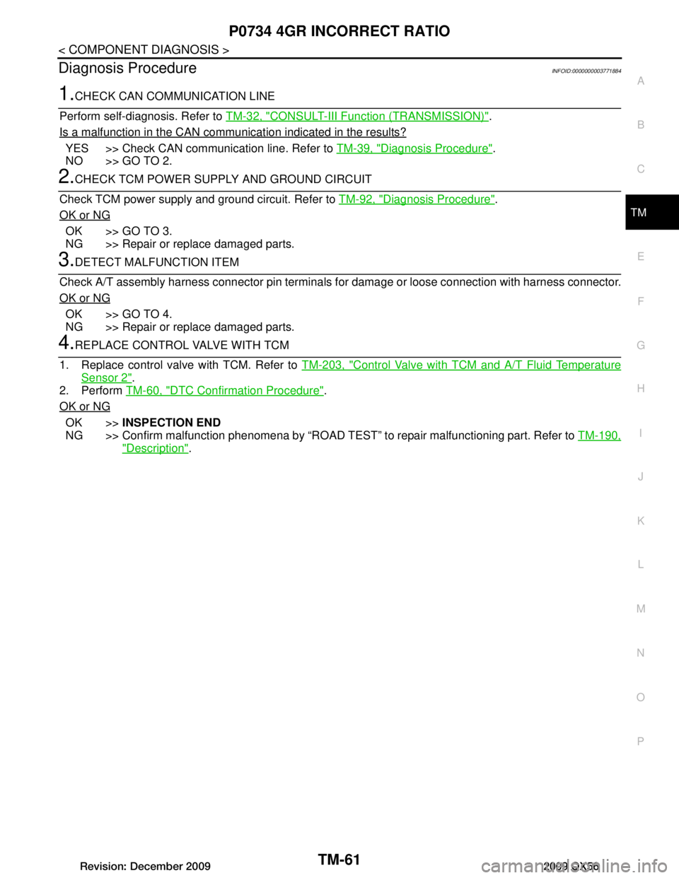 INFINITI QX56 2009 Factory Owners Manual
P0734 4GR INCORRECT RATIOTM-61
< COMPONENT DIAGNOSIS >
CEF
G H
I
J
K L
M A
B
TM
N
O P
Diagnosis ProcedureINFOID:0000000003771884
1.CHECK CAN COMMUNICATION LINE
Perform self-diagnosis. Refer to TM-32 INFINITI QX56 2009 Factory Owners Manual
P0734 4GR INCORRECT RATIOTM-61
< COMPONENT DIAGNOSIS >
CEF
G H
I
J
K L
M A
B
TM
N
O P
Diagnosis ProcedureINFOID:0000000003771884
1.CHECK CAN COMMUNICATION LINE
Perform self-diagnosis. Refer to TM-32