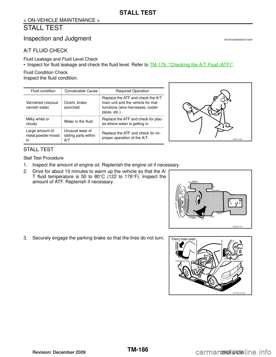INFINITI QX56 2009 Factory Manual PDF
TM-186
< ON-VEHICLE MAINTENANCE >
STALL TEST
STALL TEST
Inspection and JudgmentINFOID:0000000003772024
A/T FLUID CHECK
Fluid Leakage and Fluid Level Check
Inspect for fluid leakage and check the f INFINITI QX56 2009 Factory Manual PDF
TM-186
< ON-VEHICLE MAINTENANCE >
STALL TEST
STALL TEST
Inspection and JudgmentINFOID:0000000003772024
A/T FLUID CHECK
Fluid Leakage and Fluid Level Check
Inspect for fluid leakage and check the f