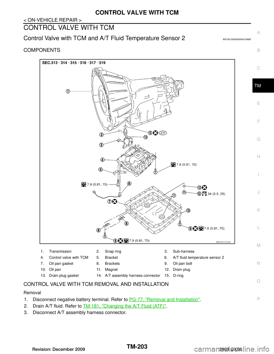 INFINITI QX56 2009 Factory Service Manual
CONTROL VALVE WITH TCMTM-203
< ON-VEHICLE REPAIR >
CEF
G H
I
J
K L
M A
B
TM
N
O P
CONTROL VALVE WITH TCM
Control Valve with TCM and A/T Fluid Temperature Sensor 2INFOID:0000000004219688
COMPONENTS
C INFINITI QX56 2009 Factory Service Manual
CONTROL VALVE WITH TCMTM-203
< ON-VEHICLE REPAIR >
CEF
G H
I
J
K L
M A
B
TM
N
O P
CONTROL VALVE WITH TCM
Control Valve with TCM and A/T Fluid Temperature Sensor 2INFOID:0000000004219688
COMPONENTS
C