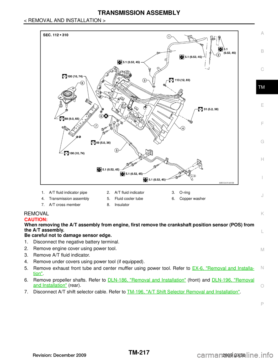 INFINITI QX56 2009 Factory Owners Manual
TRANSMISSION ASSEMBLYTM-217
< REMOVAL AND INSTALLATION >
CEF
G H
I
J
K L
M A
B
TM
N
O P
REMOVAL
CAUTION:
When removing the A/T assembly from engine, firs t remove the crankshaft position sensor (POS) INFINITI QX56 2009 Factory Owners Manual
TRANSMISSION ASSEMBLYTM-217
< REMOVAL AND INSTALLATION >
CEF
G H
I
J
K L
M A
B
TM
N
O P
REMOVAL
CAUTION:
When removing the A/T assembly from engine, firs t remove the crankshaft position sensor (POS)
