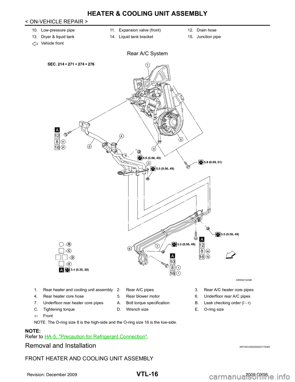 INFINITI QX56 2009  Factory Service Manual VTL-16
< ON-VEHICLE REPAIR >
HEATER & COOLING UNIT ASSEMBLY
Rear A/C System
NOTE:
Refer to HA-5, "
Precaution for Refrigerant Connection".
Removal and InstallationINFOID:0000000003775269
FRONT HEATER 