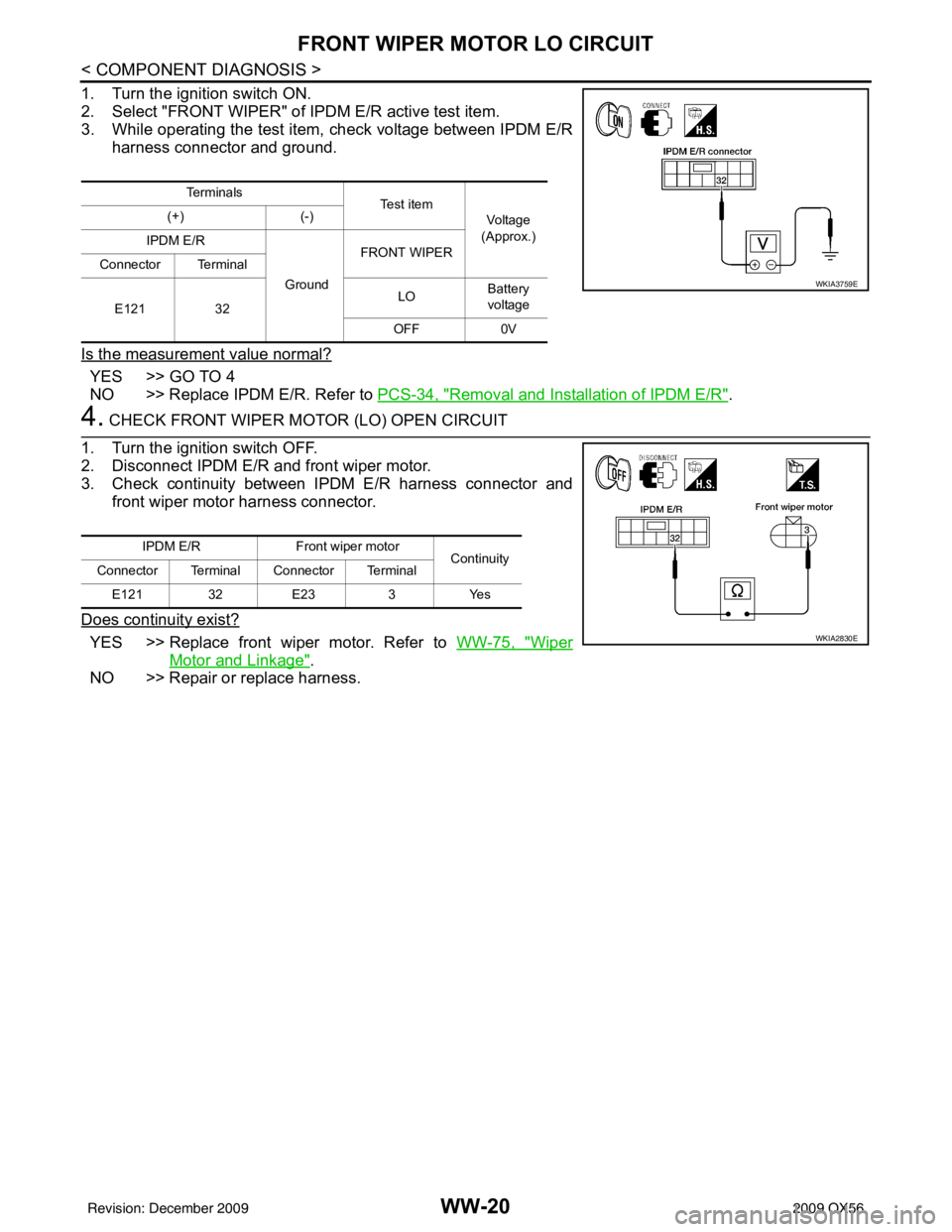 INFINITI QX56 2009 Factory Service Manual WW-20
< COMPONENT DIAGNOSIS >
FRONT WIPER MOTOR LO CIRCUIT
1. Turn the ignition switch ON.
2. Select "FRONT WIPER" of IPDM E/R active test item.
3. While operating the test item, check voltage between INFINITI QX56 2009 Factory Service Manual WW-20
< COMPONENT DIAGNOSIS >
FRONT WIPER MOTOR LO CIRCUIT
1. Turn the ignition switch ON.
2. Select "FRONT WIPER" of IPDM E/R active test item.
3. While operating the test item, check voltage between