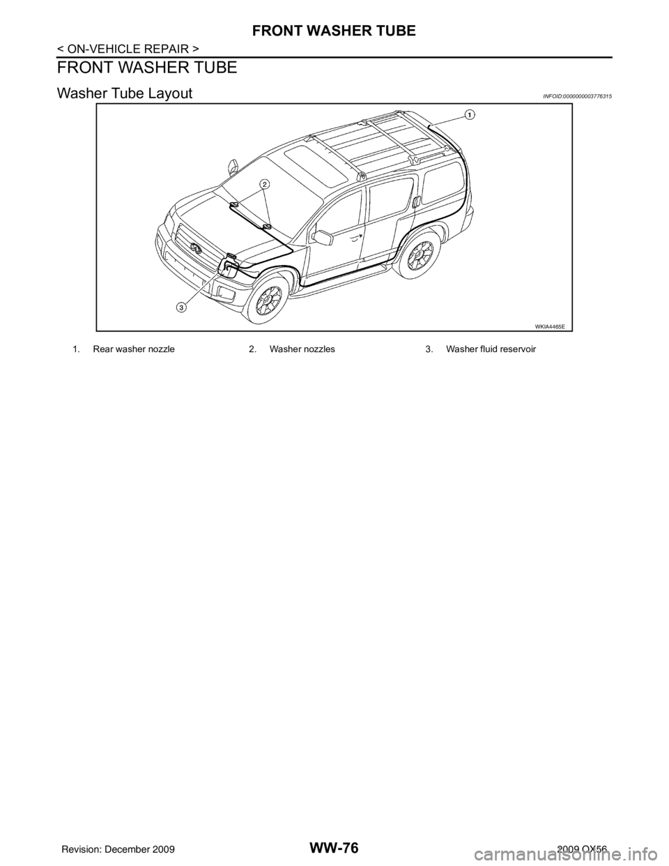 INFINITI QX56 2009  Factory Service Manual WW-76
< ON-VEHICLE REPAIR >
FRONT WASHER TUBE
FRONT WASHER TUBE
Washer Tube LayoutINFOID:0000000003776315
WKIA4465E
1.  Rear washer nozzle2. Washer nozzles3. Washer fluid reservoir
Revision: December 