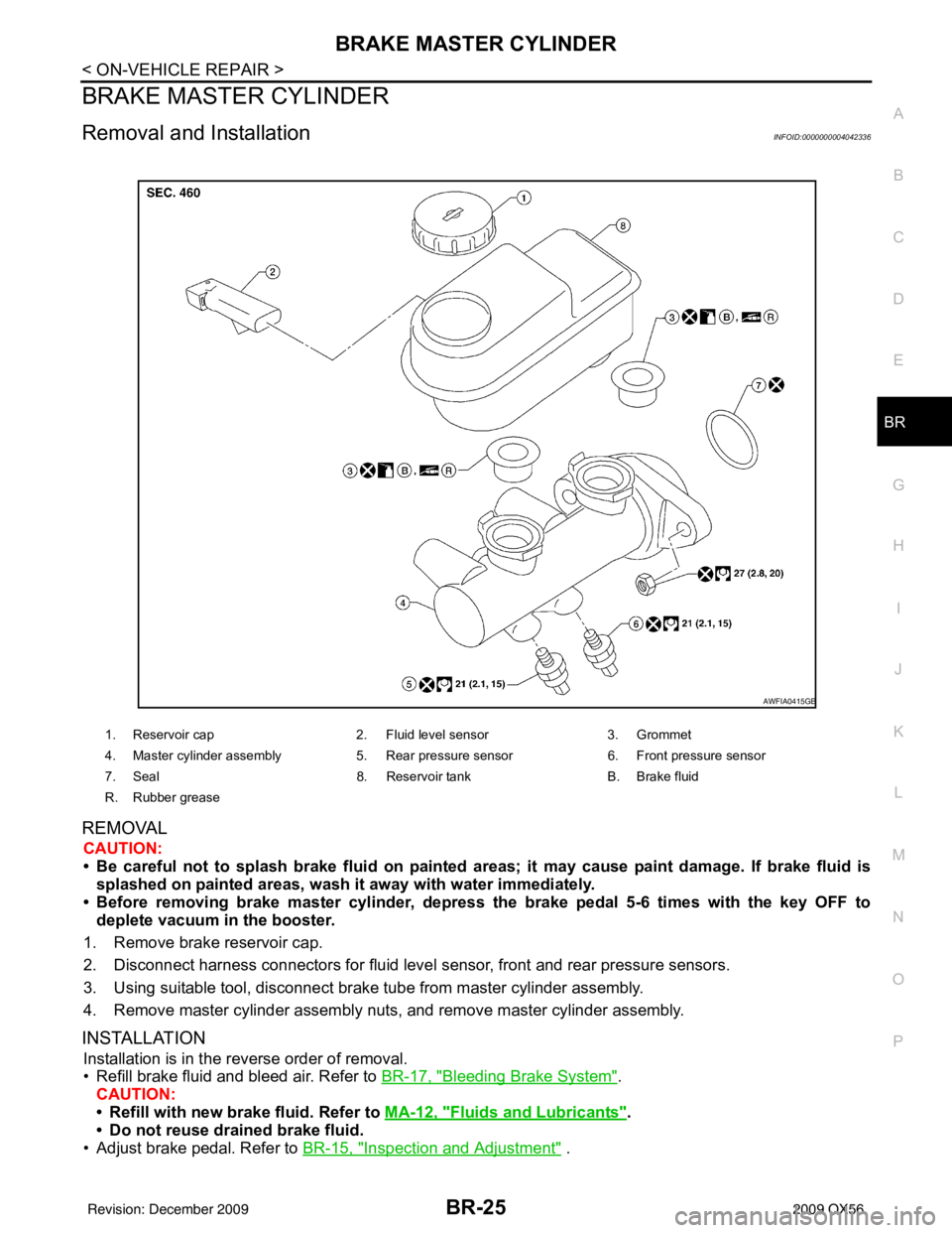 INFINITI QX56 2009 Factory Service Manual BRAKE MASTER CYLINDERBR-25
< ON-VEHICLE REPAIR >
C
DE
G H
I
J
K L
M A
B
BR
N
O P
BRAKE MASTER CYLINDER
Removal and InstallationINFOID:0000000004042336
REMOVAL
CAUTION:
• Be careful not to splash bra INFINITI QX56 2009 Factory Service Manual BRAKE MASTER CYLINDERBR-25
< ON-VEHICLE REPAIR >
C
DE
G H
I
J
K L
M A
B
BR
N
O P
BRAKE MASTER CYLINDER
Removal and InstallationINFOID:0000000004042336
REMOVAL
CAUTION:
• Be careful not to splash bra