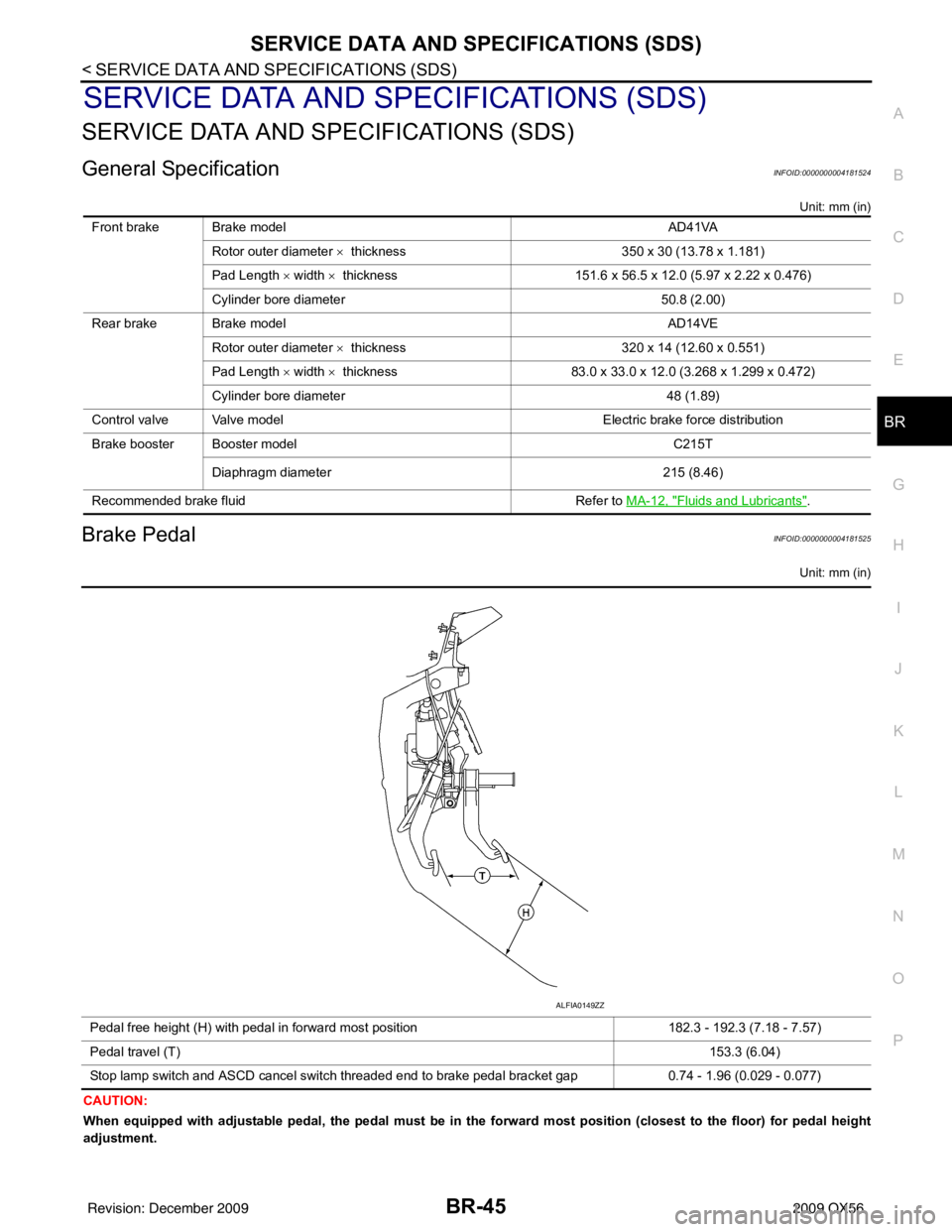 INFINITI QX56 2009  Factory Service Manual SERVICE DATA AND SPECIFICATIONS (SDS)BR-45
< SERVICE DATA AND SPECIFICATIONS (SDS) 
C
DE
G H
I
J
K L
M A
B
BR
N
O P
SERVICE DATA AND SPECIFICATIONS (SDS)
SERVICE DATA AND SPECIFICATIONS (SDS)
General 