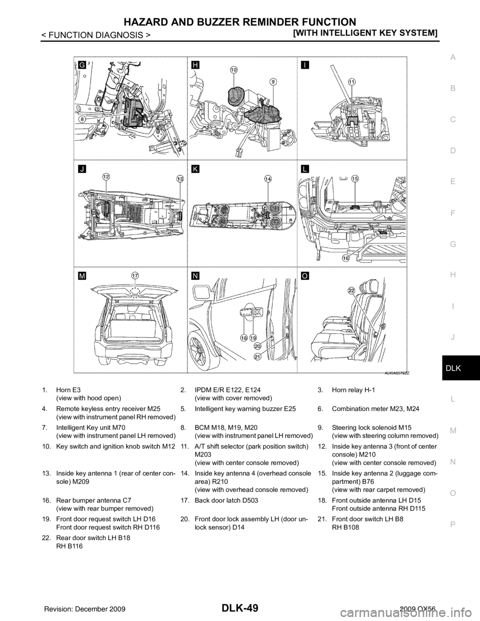 INFINITI QX56 2009  Factory Service Manual HAZARD AND BUZZER REMINDER FUNCTIONDLK-49
< FUNCTION DIAGNOSIS > [WITH INTELLIGENT KEY SYSTEM]
C
D
E
F
G H
I
J
L
M A
B
DLK
N
O PALKIA0579ZZ
1. Horn E3 (view with hood open) 2. IPDM E/R E122, E124
(vie