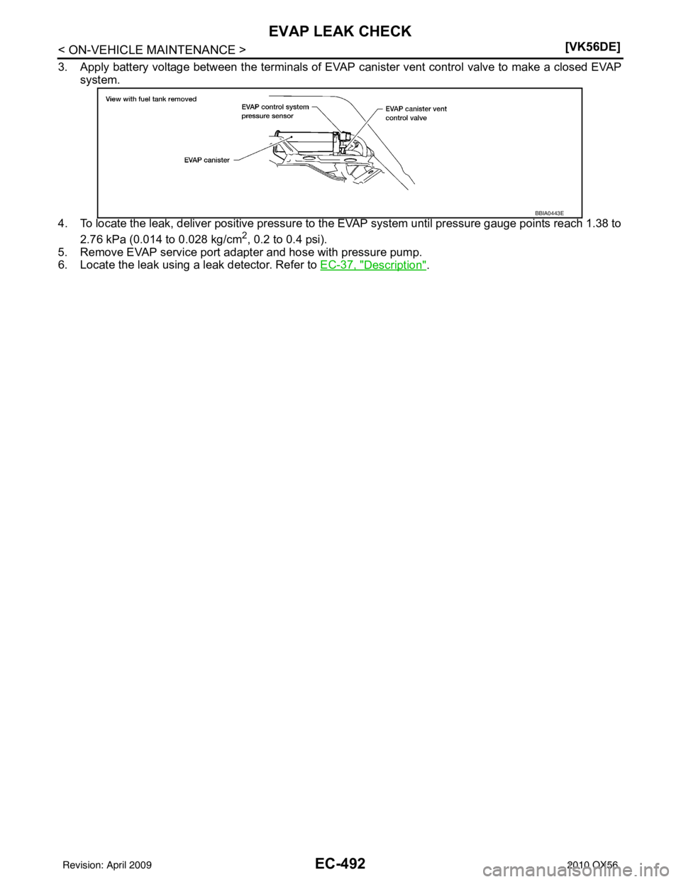 INFINITI QX56 2010  Factory Service Manual EC-492
< ON-VEHICLE MAINTENANCE >[VK56DE]
EVAP LEAK CHECK
3. Apply battery voltage between the terminals of EVAP 
canister vent control valve to make a closed EVAP
system.
4. To locate the leak, deliv