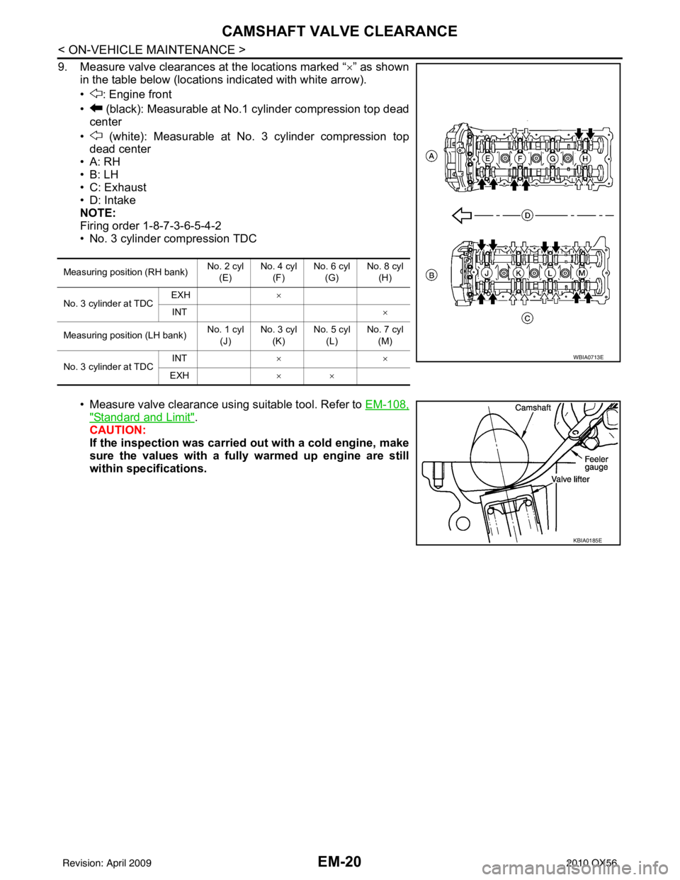 INFINITI QX56 2010 Factory Service Manual EM-20
< ON-VEHICLE MAINTENANCE >
CAMSHAFT VALVE CLEARANCE
9. Measure valve clearances at the locations marked “×” as shown
in the table below (locations indicated with white arrow).
• : Engine INFINITI QX56 2010 Factory Service Manual EM-20
< ON-VEHICLE MAINTENANCE >
CAMSHAFT VALVE CLEARANCE
9. Measure valve clearances at the locations marked “×” as shown
in the table below (locations indicated with white arrow).
• : Engine