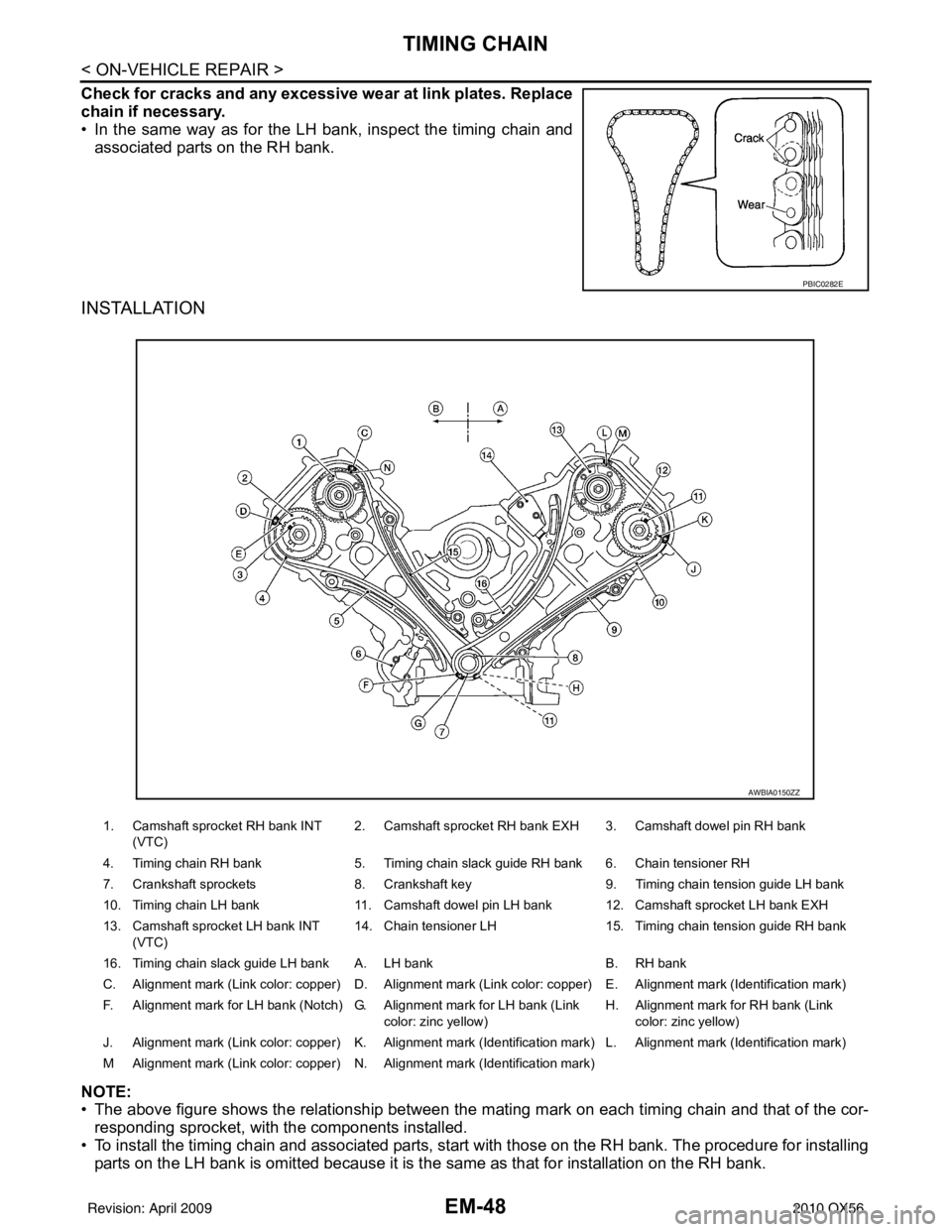 INFINITI QX56 2010 Factory Repair Manual EM-48
< ON-VEHICLE REPAIR >
TIMING CHAIN
Check for cracks and any excessive wear at link plates. Replace
chain if necessary.
• In the same way as for the LH bank, inspect the timing chain andassocia INFINITI QX56 2010 Factory Repair Manual EM-48
< ON-VEHICLE REPAIR >
TIMING CHAIN
Check for cracks and any excessive wear at link plates. Replace
chain if necessary.
• In the same way as for the LH bank, inspect the timing chain andassocia