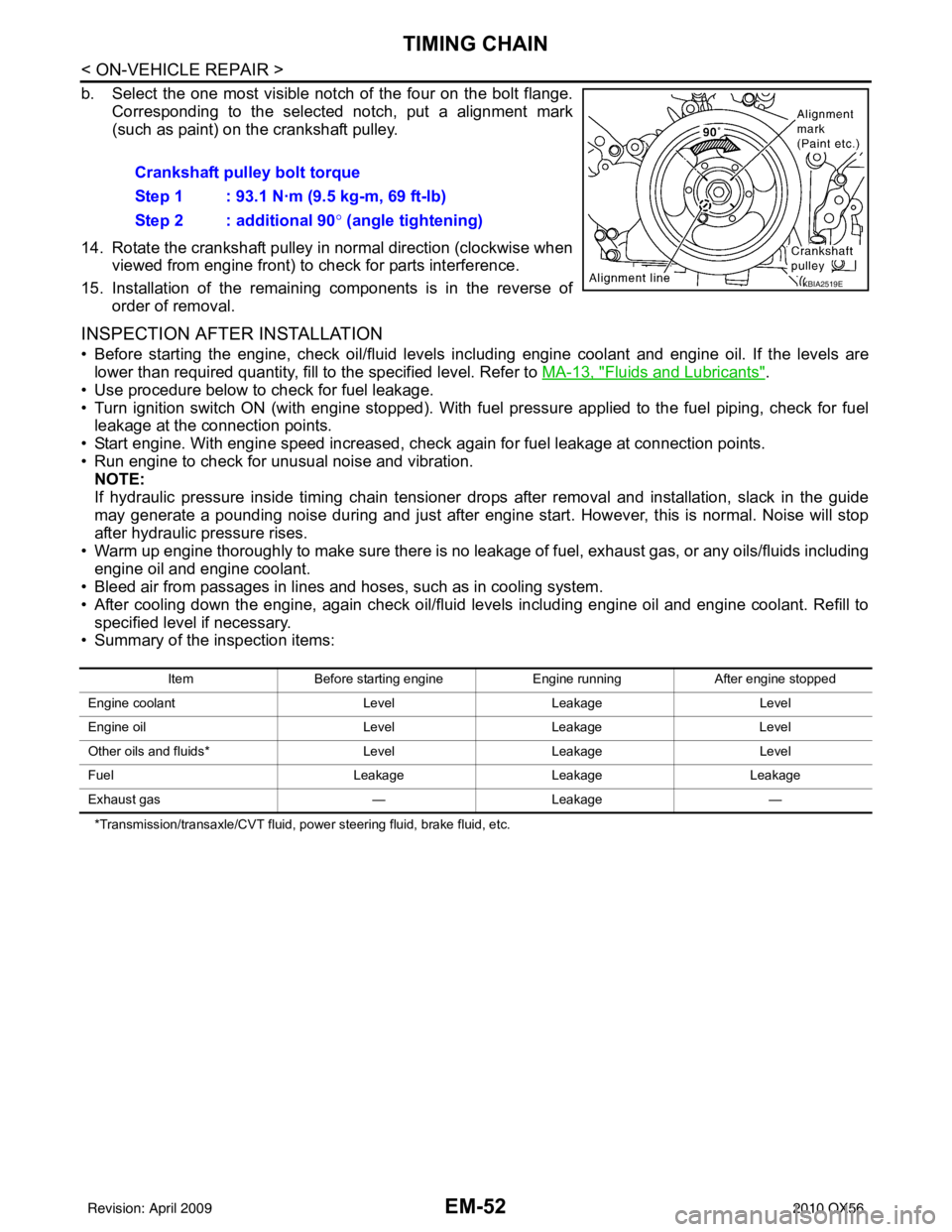 INFINITI QX56 2010 Factory User Guide EM-52
< ON-VEHICLE REPAIR >
TIMING CHAIN
b. Select the one most visible notch of the four on the bolt flange.Corresponding to the selected notch, put a alignment mark
(such as paint) on the crankshaft INFINITI QX56 2010 Factory User Guide EM-52
< ON-VEHICLE REPAIR >
TIMING CHAIN
b. Select the one most visible notch of the four on the bolt flange.Corresponding to the selected notch, put a alignment mark
(such as paint) on the crankshaft