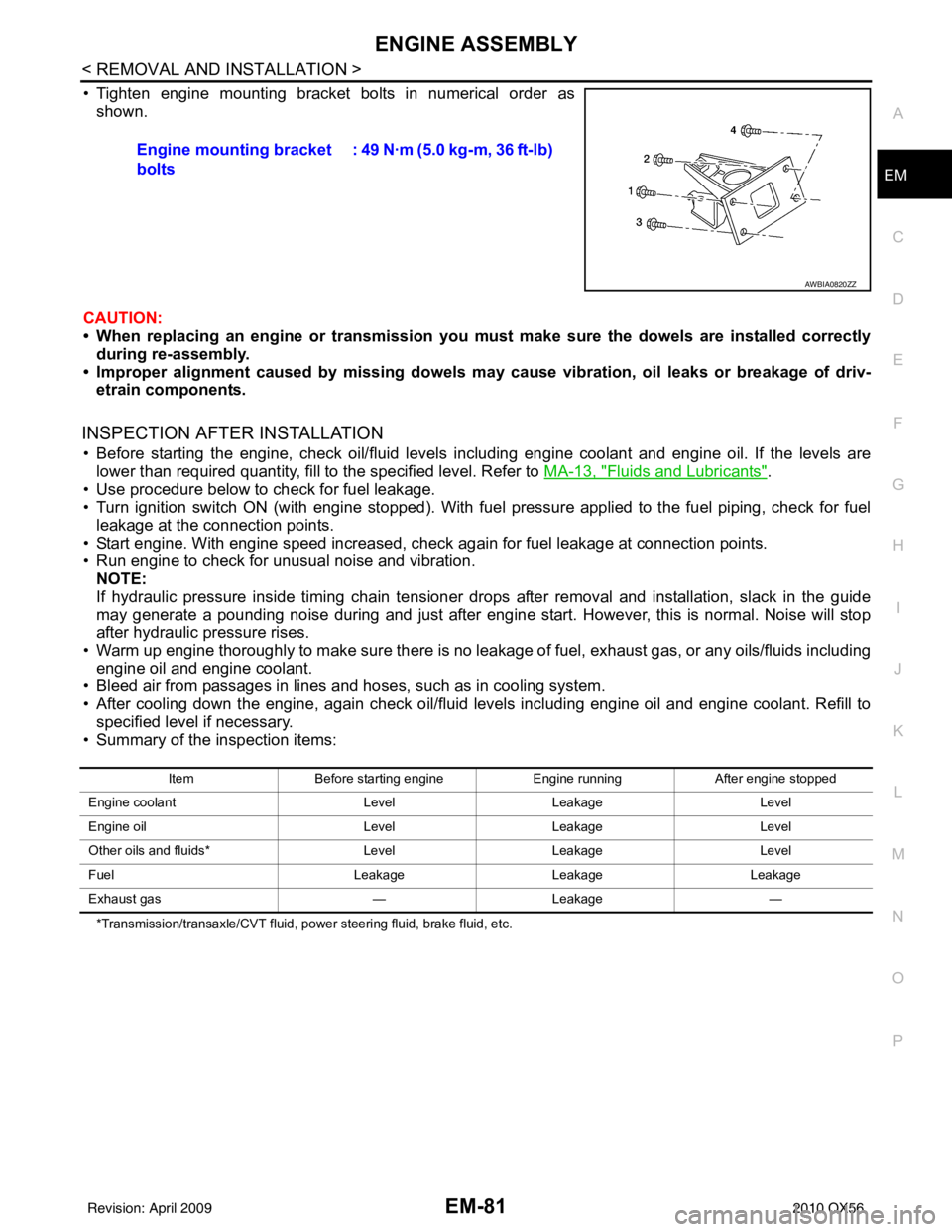 INFINITI QX56 2010 Factory Manual Online ENGINE ASSEMBLYEM-81
< REMOVAL AND INSTALLATION >
C
DE
F
G H
I
J
K L
M A
EM
NP
O
• Tighten engine mounting bracket bolts in numerical order as
shown.
CAUTION:
• When replacing an engine or tr ansm INFINITI QX56 2010 Factory Manual Online ENGINE ASSEMBLYEM-81
< REMOVAL AND INSTALLATION >
C
DE
F
G H
I
J
K L
M A
EM
NP
O
• Tighten engine mounting bracket bolts in numerical order as
shown.
CAUTION:
• When replacing an engine or tr ansm