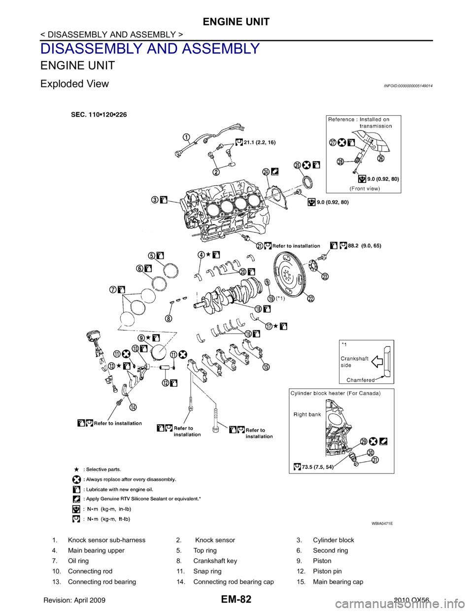 INFINITI QX56 2010 Factory Owners Guide EM-82
< DISASSEMBLY AND ASSEMBLY >
ENGINE UNIT
DISASSEMBLY AND ASSEMBLY
ENGINE UNIT
Exploded ViewINFOID:0000000005149014
1. Knock sensor sub-harness 2. Knock sensor3. Cylinder block
4. Main bearing u INFINITI QX56 2010 Factory Owners Guide EM-82
< DISASSEMBLY AND ASSEMBLY >
ENGINE UNIT
DISASSEMBLY AND ASSEMBLY
ENGINE UNIT
Exploded ViewINFOID:0000000005149014
1. Knock sensor sub-harness 2. Knock sensor3. Cylinder block
4. Main bearing u