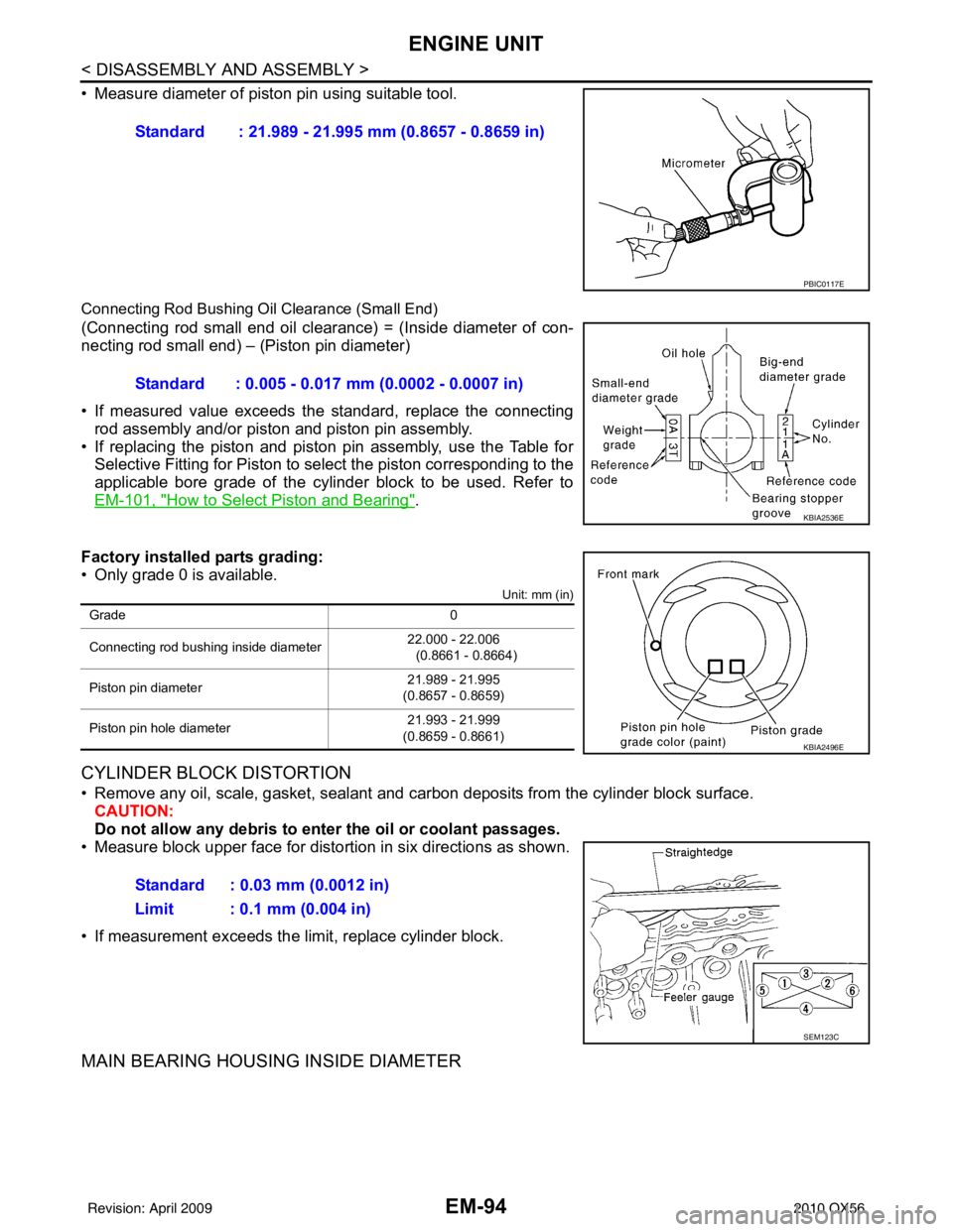 INFINITI QX56 2010 Factory Repair Manual EM-94
< DISASSEMBLY AND ASSEMBLY >
ENGINE UNIT
• Measure diameter of piston pin using suitable tool.
Connecting Rod Bushing Oil Clearance (Small End)
(Connecting rod small end oil clearance) = (Insi INFINITI QX56 2010 Factory Repair Manual EM-94
< DISASSEMBLY AND ASSEMBLY >
ENGINE UNIT
• Measure diameter of piston pin using suitable tool.
Connecting Rod Bushing Oil Clearance (Small End)
(Connecting rod small end oil clearance) = (Insi
