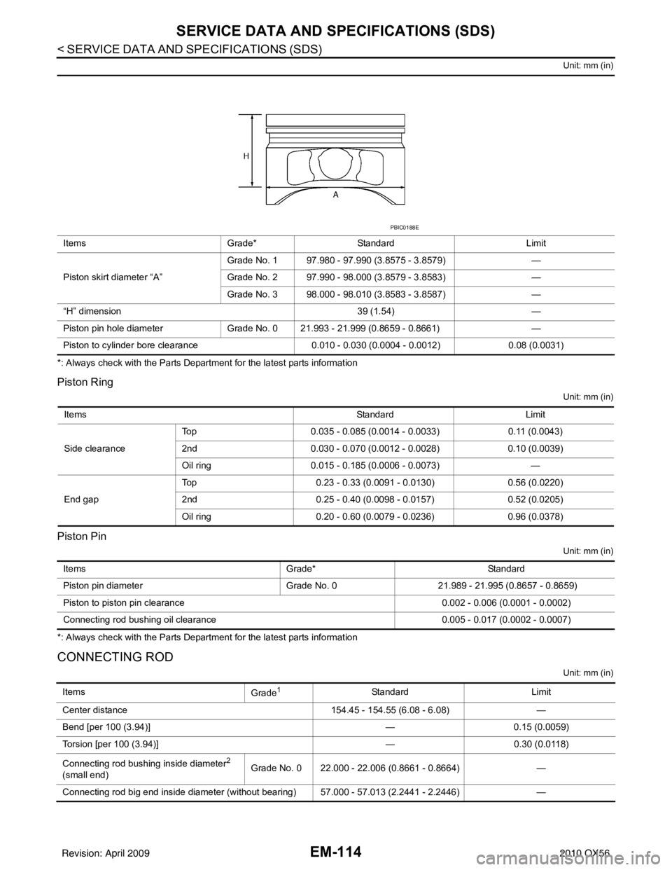 INFINITI QX56 2010 Factory Service Manual EM-114
< SERVICE DATA AND SPECIFICATIONS (SDS)
SERVICE DATA AND SPECIFICATIONS (SDS)
Unit: mm (in)
*: Always check with the Parts Department for the latest parts information
Piston Ring
Unit: mm (in) INFINITI QX56 2010 Factory Service Manual EM-114
< SERVICE DATA AND SPECIFICATIONS (SDS)
SERVICE DATA AND SPECIFICATIONS (SDS)
Unit: mm (in)
*: Always check with the Parts Department for the latest parts information
Piston Ring
Unit: mm (in)
