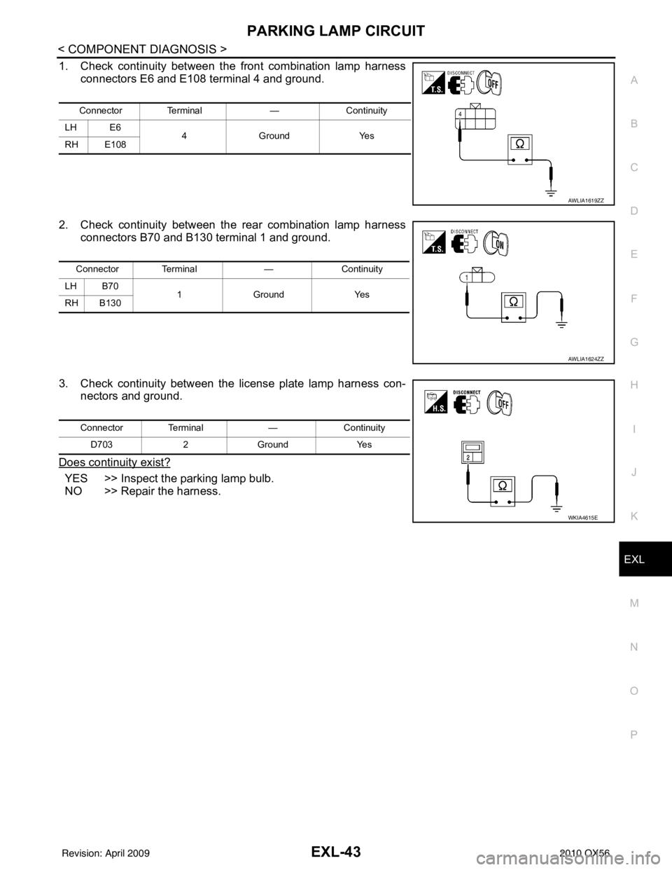 INFINITI QX56 2010 Factory User Guide PARKING LAMP CIRCUITEXL-43
< COMPONENT DIAGNOSIS >
C
DE
F
G H
I
J
K
M A
B
EXL
N
O P
1. Check continuity between the front combination lamp harness connectors E6 and E108 terminal 4 and ground.
2. Chec INFINITI QX56 2010 Factory User Guide PARKING LAMP CIRCUITEXL-43
< COMPONENT DIAGNOSIS >
C
DE
F
G H
I
J
K
M A
B
EXL
N
O P
1. Check continuity between the front combination lamp harness connectors E6 and E108 terminal 4 and ground.
2. Chec