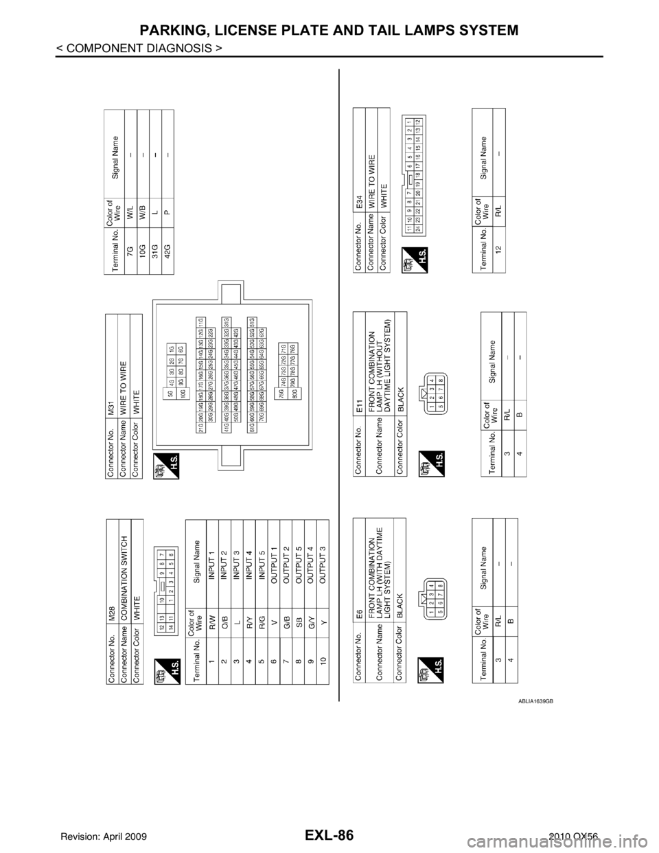 INFINITI QX56 2010 Factory Service Manual EXL-86
< COMPONENT DIAGNOSIS >
PARKING, LICENSE PLATE AND TAIL LAMPS SYSTEM
ABLIA1639GB
Revision: April 20092010 QX56 INFINITI QX56 2010 Factory Service Manual EXL-86
< COMPONENT DIAGNOSIS >
PARKING, LICENSE PLATE AND TAIL LAMPS SYSTEM
ABLIA1639GB
Revision: April 20092010 QX56
