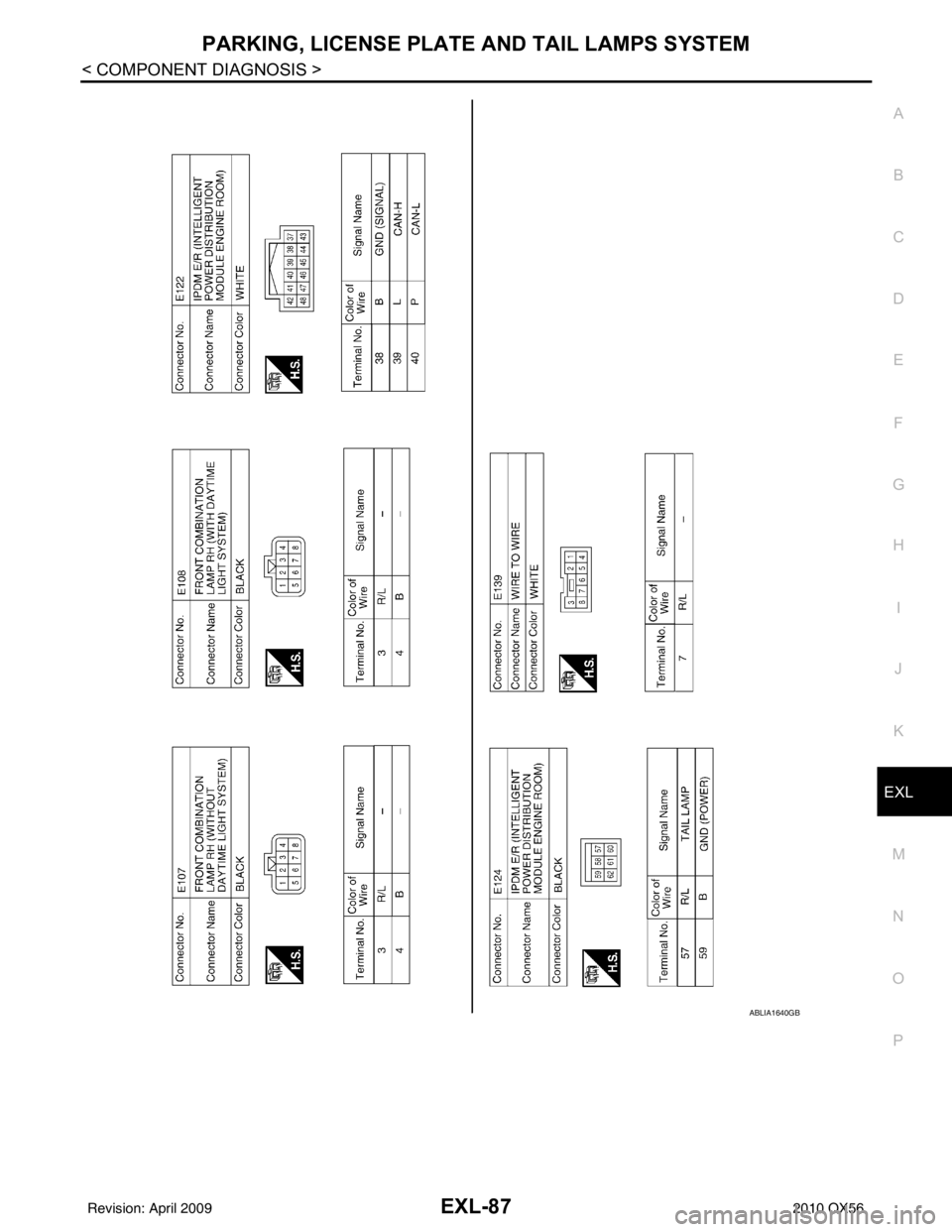 INFINITI QX56 2010 Factory Service Manual PARKING, LICENSE PLATE AND TAIL LAMPS SYSTEMEXL-87
< COMPONENT DIAGNOSIS >
C
DE
F
G H
I
J
K
M A
B
EXL
N
O P
ABLIA1640GB
Revision: April 20092010 QX56 INFINITI QX56 2010 Factory Service Manual PARKING, LICENSE PLATE AND TAIL LAMPS SYSTEMEXL-87
< COMPONENT DIAGNOSIS >
C
DE
F
G H
I
J
K
M A
B
EXL
N
O P
ABLIA1640GB
Revision: April 20092010 QX56