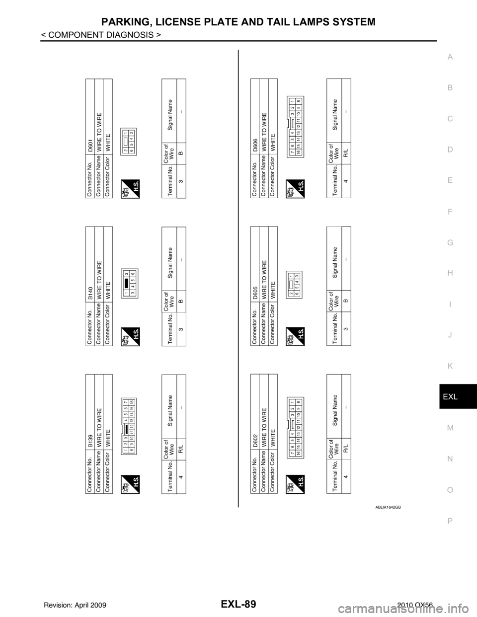 INFINITI QX56 2010 Factory Service Manual PARKING, LICENSE PLATE AND TAIL LAMPS SYSTEMEXL-89
< COMPONENT DIAGNOSIS >
C
DE
F
G H
I
J
K
M A
B
EXL
N
O P
ABLIA1642GB
Revision: April 20092010 QX56 INFINITI QX56 2010 Factory Service Manual PARKING, LICENSE PLATE AND TAIL LAMPS SYSTEMEXL-89
< COMPONENT DIAGNOSIS >
C
DE
F
G H
I
J
K
M A
B
EXL
N
O P
ABLIA1642GB
Revision: April 20092010 QX56