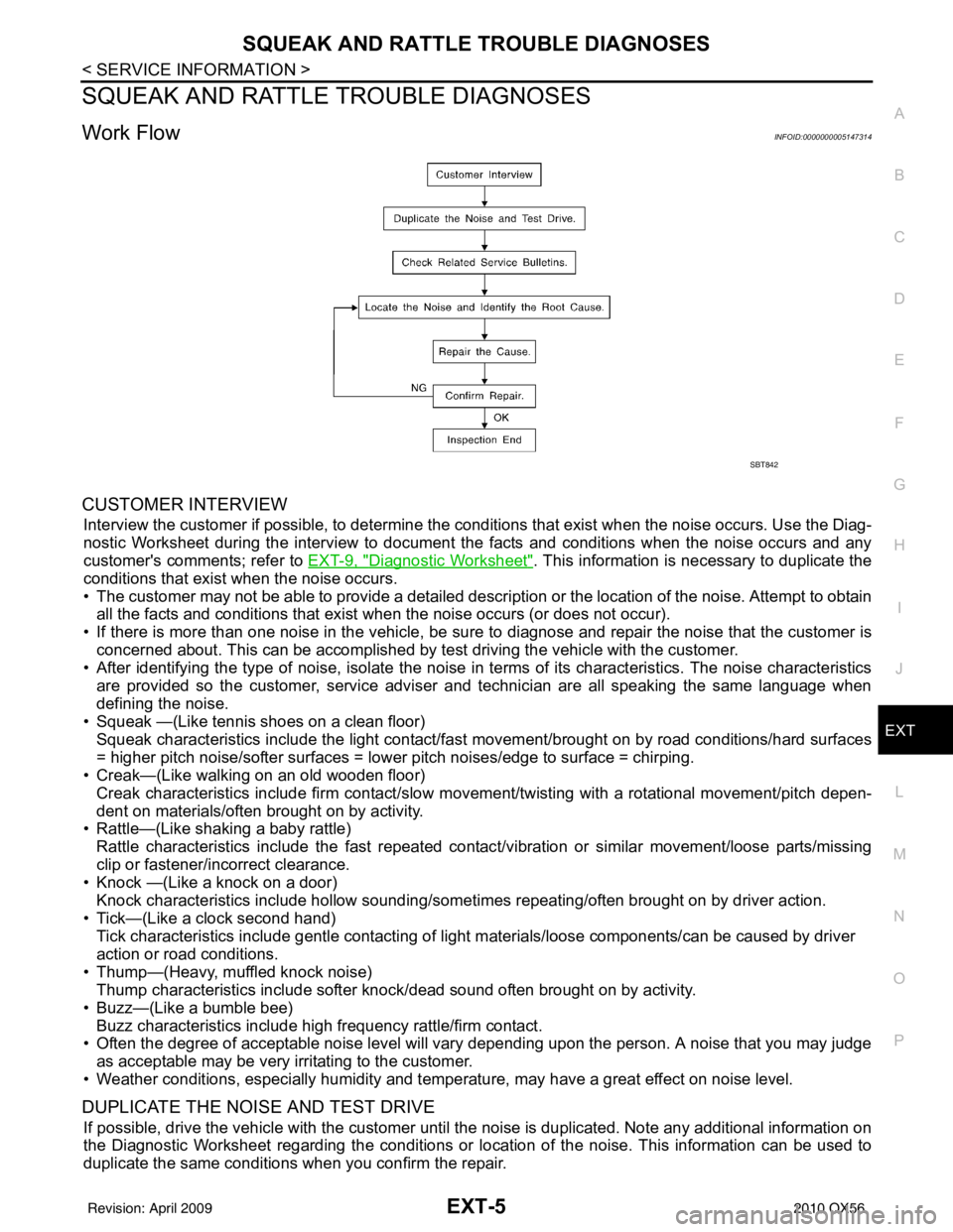 INFINITI QX56 2010 Factory Manual PDF SQUEAK AND RATTLE TROUBLE DIAGNOSESEXT-5
< SERVICE INFORMATION >
C
DE
F
G H
I
J
L
M A
B
EXT
N
O P
SQUEAK AND RATTLE TROUBLE DIAGNOSES
Work FlowINFOID:0000000005147314
CUSTOMER INTERVIEW
Interview the INFINITI QX56 2010 Factory Manual PDF SQUEAK AND RATTLE TROUBLE DIAGNOSESEXT-5
< SERVICE INFORMATION >
C
DE
F
G H
I
J
L
M A
B
EXT
N
O P
SQUEAK AND RATTLE TROUBLE DIAGNOSES
Work FlowINFOID:0000000005147314
CUSTOMER INTERVIEW
Interview the