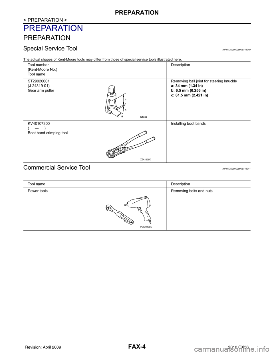 INFINITI QX56 2010 Factory Service Manual FAX-4
< PREPARATION >
PREPARATION
PREPARATION
PREPARATION
Special Service ToolINFOID:0000000005148940
The actual shapes of Kent-Moore tools may differ from those of special service tools illustrated h INFINITI QX56 2010 Factory Service Manual FAX-4
< PREPARATION >
PREPARATION
PREPARATION
PREPARATION
Special Service ToolINFOID:0000000005148940
The actual shapes of Kent-Moore tools may differ from those of special service tools illustrated h