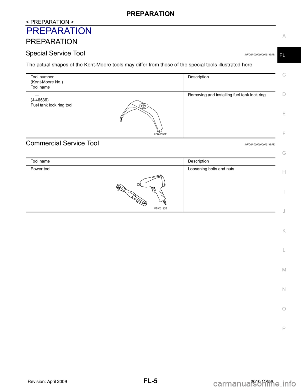 INFINITI QX56 2010 Factory Service Manual PREPARATIONFL-5
< PREPARATION >
C
DE
F
G H
I
J
K L
M A
FL
NP
O
PREPARATION
PREPARATION
Special Service ToolINFOID:0000000005149531
The actual shapes of the Kent-Moore
tools may differ from those of t INFINITI QX56 2010 Factory Service Manual PREPARATIONFL-5
< PREPARATION >
C
DE
F
G H
I
J
K L
M A
FL
NP
O
PREPARATION
PREPARATION
Special Service ToolINFOID:0000000005149531
The actual shapes of the Kent-Moore
tools may differ from those of t