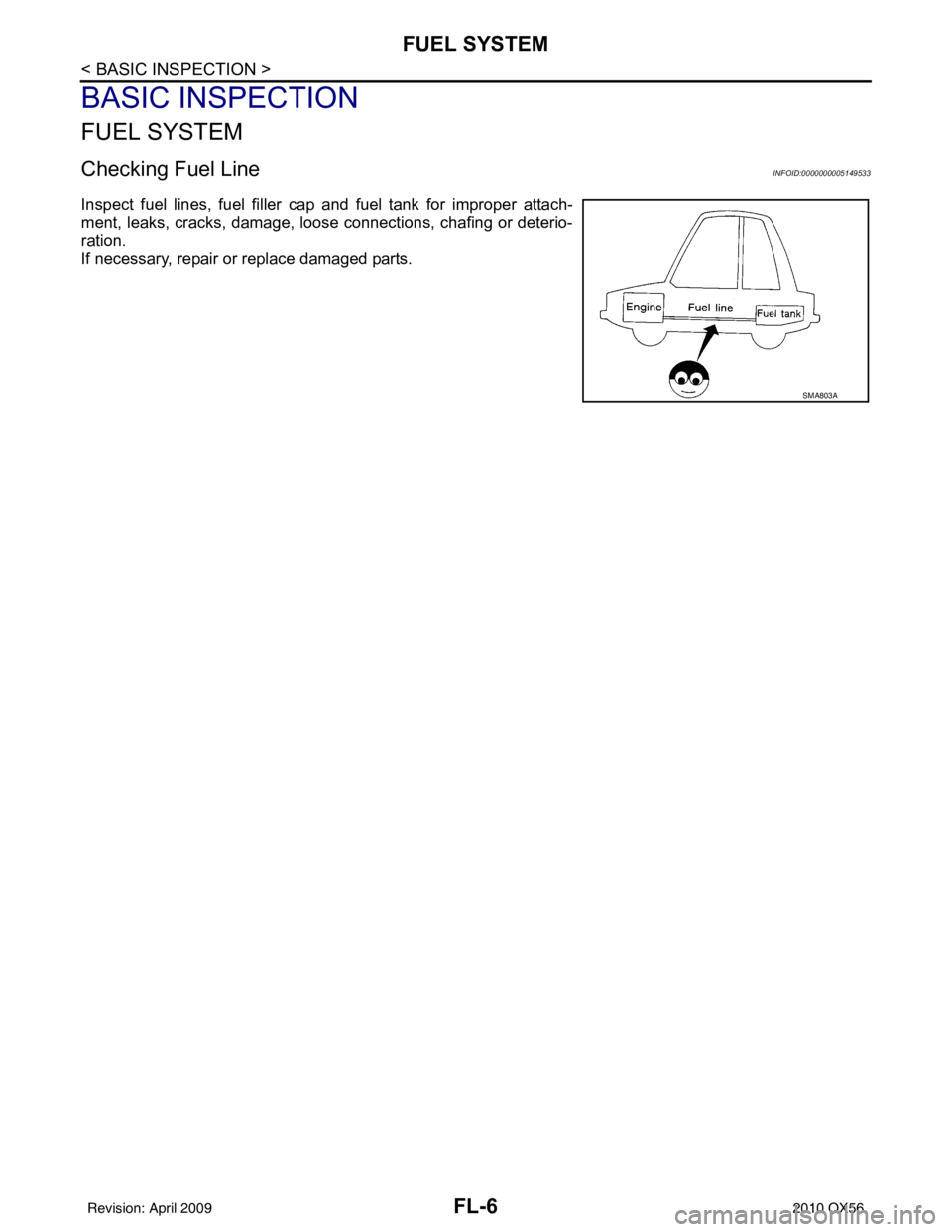 INFINITI QX56 2010 Factory Owners Guide FL-6
< BASIC INSPECTION >
FUEL SYSTEM
BASIC INSPECTION
FUEL SYSTEM
Checking Fuel LineINFOID:0000000005149533
Inspect fuel lines, fuel filler cap and fuel tank for improper attach-
ment, leaks, cracks, INFINITI QX56 2010 Factory Owners Guide FL-6
< BASIC INSPECTION >
FUEL SYSTEM
BASIC INSPECTION
FUEL SYSTEM
Checking Fuel LineINFOID:0000000005149533
Inspect fuel lines, fuel filler cap and fuel tank for improper attach-
ment, leaks, cracks,