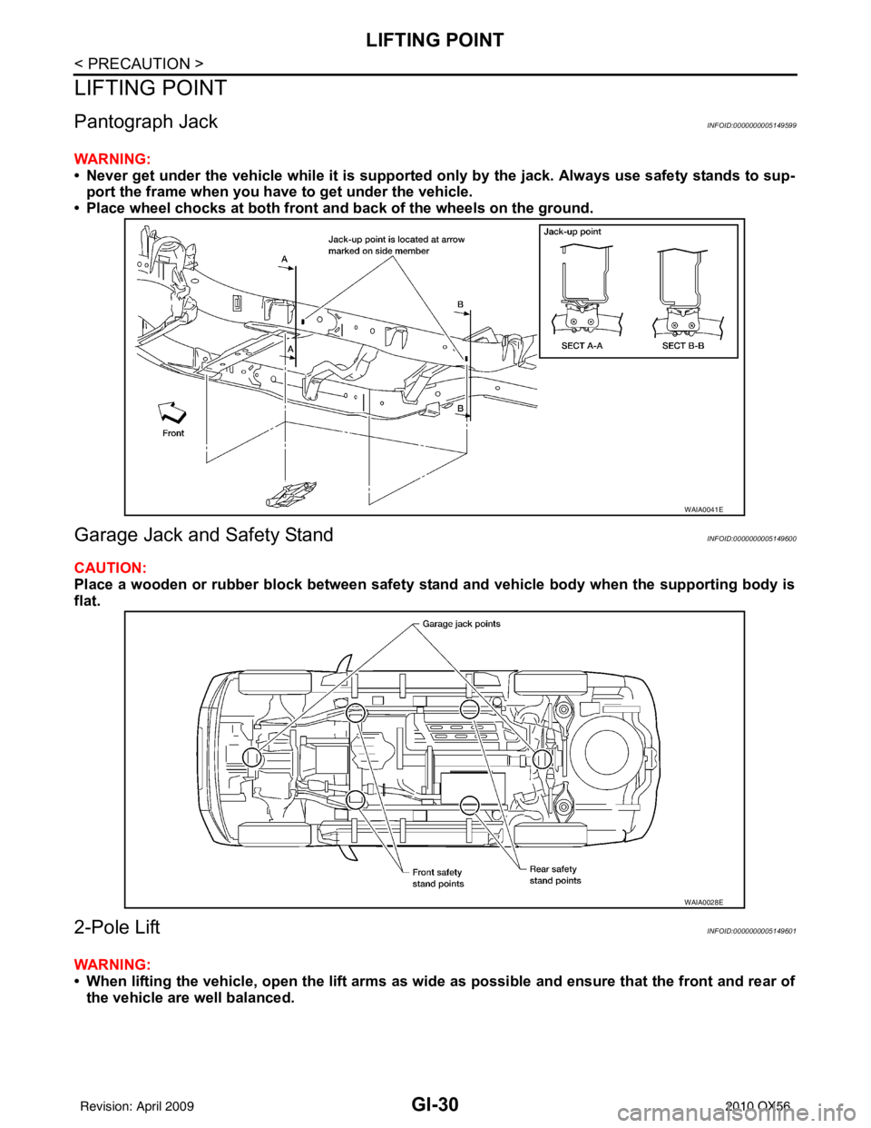 INFINITI QX56 2010 Factory Service Manual GI-30
< PRECAUTION >
LIFTING POINT
LIFTING POINT
Pantograph JackINFOID:0000000005149599
WARNING:
• Never get under the vehicle while it is supported only by the jack. Always use safety stands to sup INFINITI QX56 2010 Factory Service Manual GI-30
< PRECAUTION >
LIFTING POINT
LIFTING POINT
Pantograph JackINFOID:0000000005149599
WARNING:
• Never get under the vehicle while it is supported only by the jack. Always use safety stands to sup