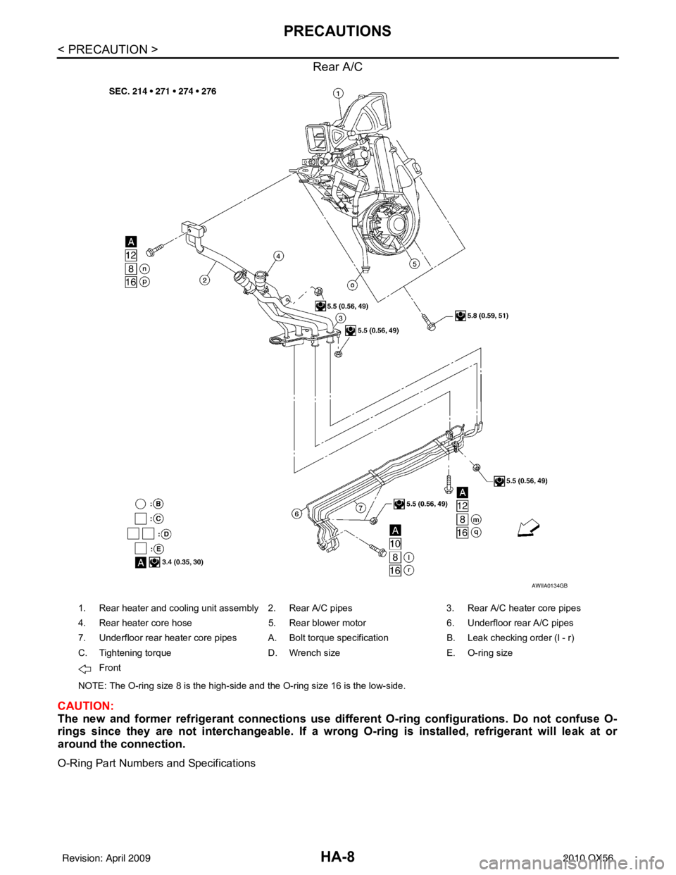 INFINITI QX56 2010 Factory Workshop Manual HA-8
< PRECAUTION >
PRECAUTIONS
Rear A/C
CAUTION:
The new and former refrigerant connections use different O-ring configurations. Do not confuse O-
rings since they are not interchangeable. If a wrong INFINITI QX56 2010 Factory Workshop Manual HA-8
< PRECAUTION >
PRECAUTIONS
Rear A/C
CAUTION:
The new and former refrigerant connections use different O-ring configurations. Do not confuse O-
rings since they are not interchangeable. If a wrong